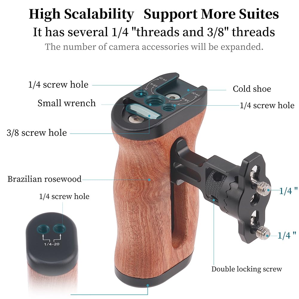 Hersmay Wooden Side Handle Quick Release Camera Hand Grip With 1/4"-20 Screws Stabilizer With Arri-Style Mount Screw & Cold Shoe Mount For Dslr Mirrorless Video Camera Cage