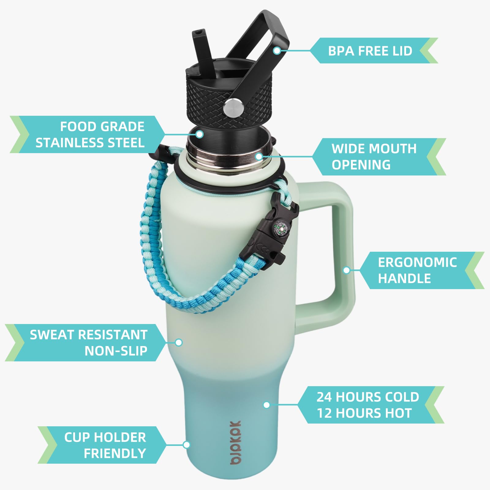 Bjpkpk Insulated Water Bottles With Straw Lid, 40Oz Metal Water Bottle With 2 Lids & Paracord Strap