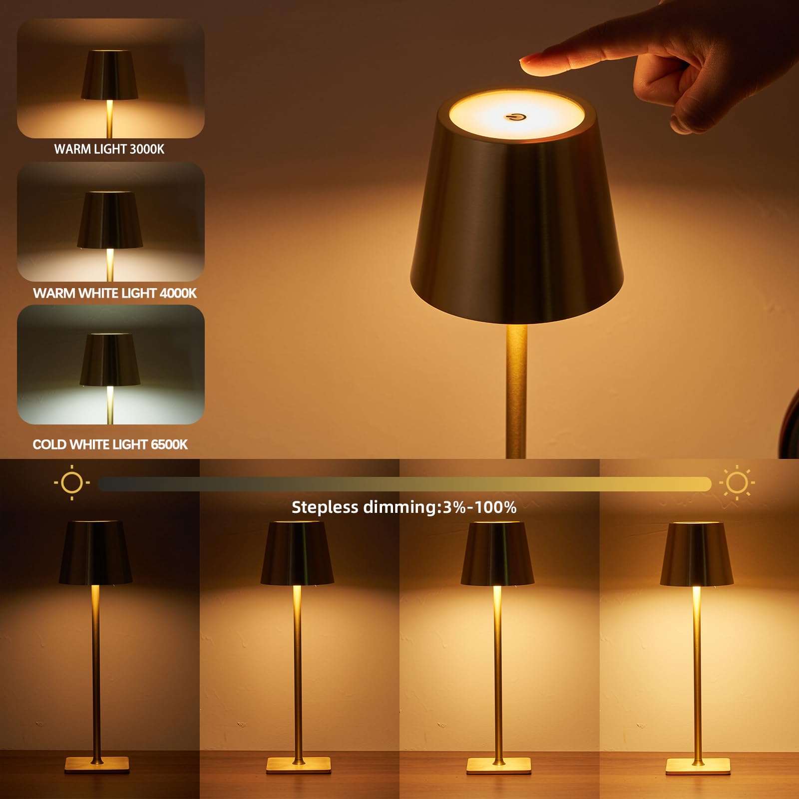 Intelive Cordless Rechargeable Table Lamp Set Of 2, 5000Mah Battery Operated Lamps, Portable 3 Color Dimmable Touch Light Outdoor Table Lights For Restaurant Patio Camping Bedroom End Dining, Gold