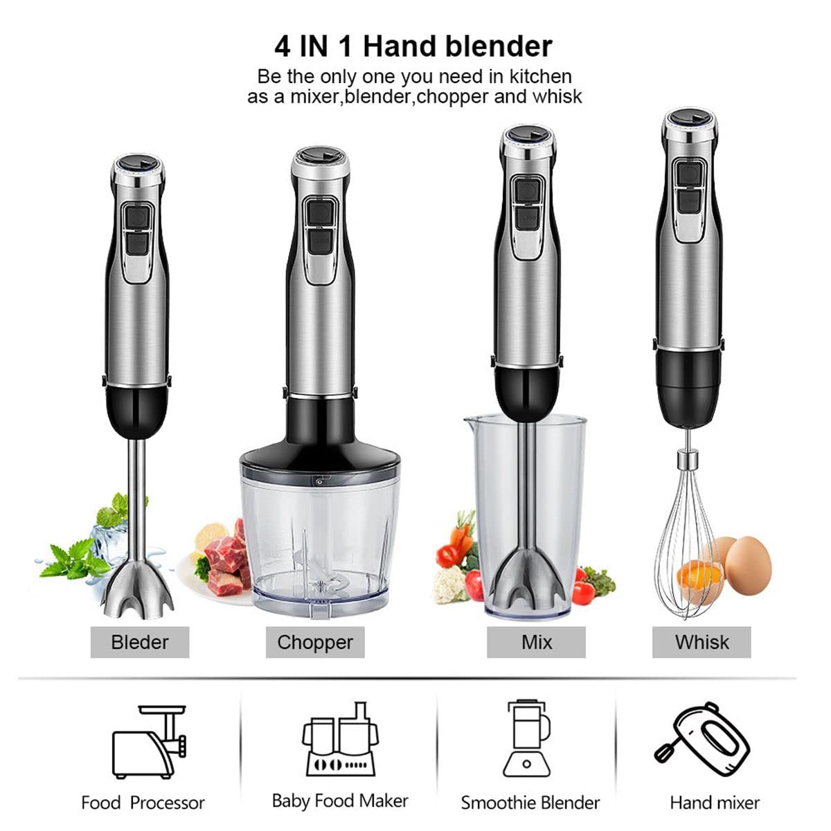 Uniqus Immersion Multi-Purpose Hand Blender Heavy Duty Copper Motor Stainless Steel Finish Includes Whisk Attachment, Chopper And Smoothies Cup