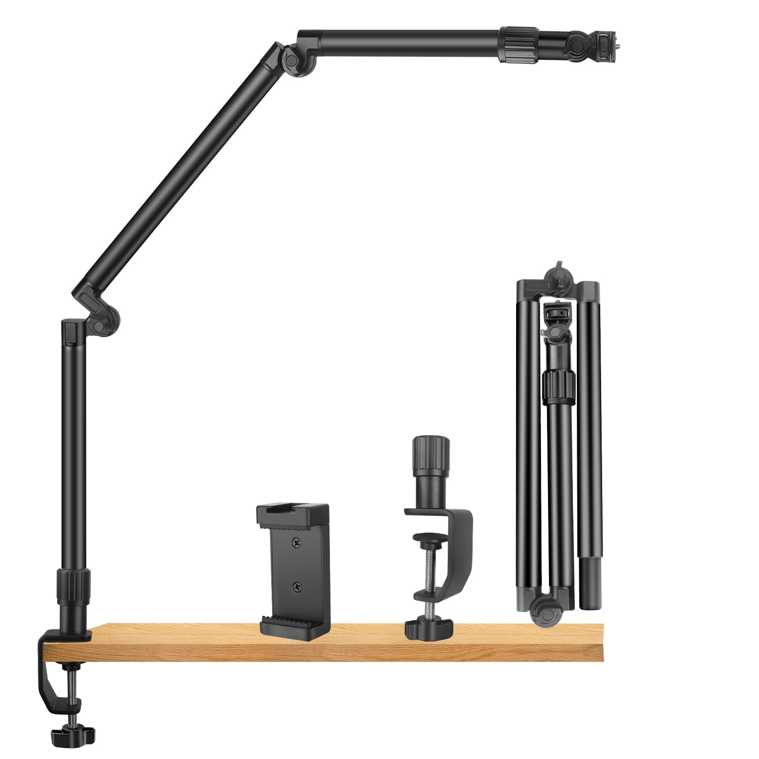 Jinsui 37" Overhead Camera Mount Desk Stand, 3-Section 360° Adjustable Articulating Metal Arm With 1/4" Screw And Phone Holder, Foldable Webcam Stand For Dslr Camera Ring Light Projector