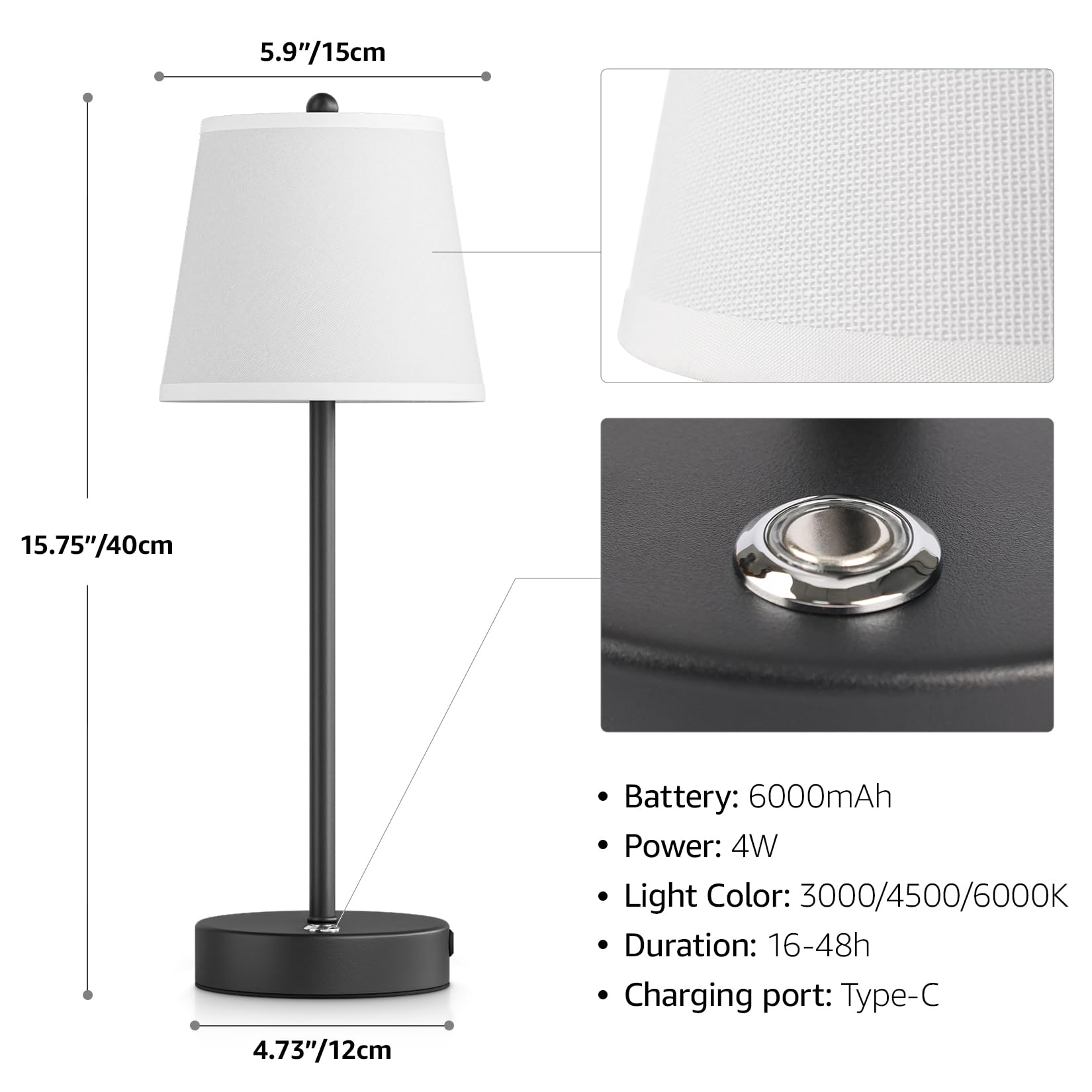 Lundwa Cordless Led Table Lamp, 6000Mah Battery Operated Table Lamp, Fabric Shade Rechargeable Desk Lamp, Dimmable Wireless Lamps For Patio/Restaurant/Bedroom/Home(Black)