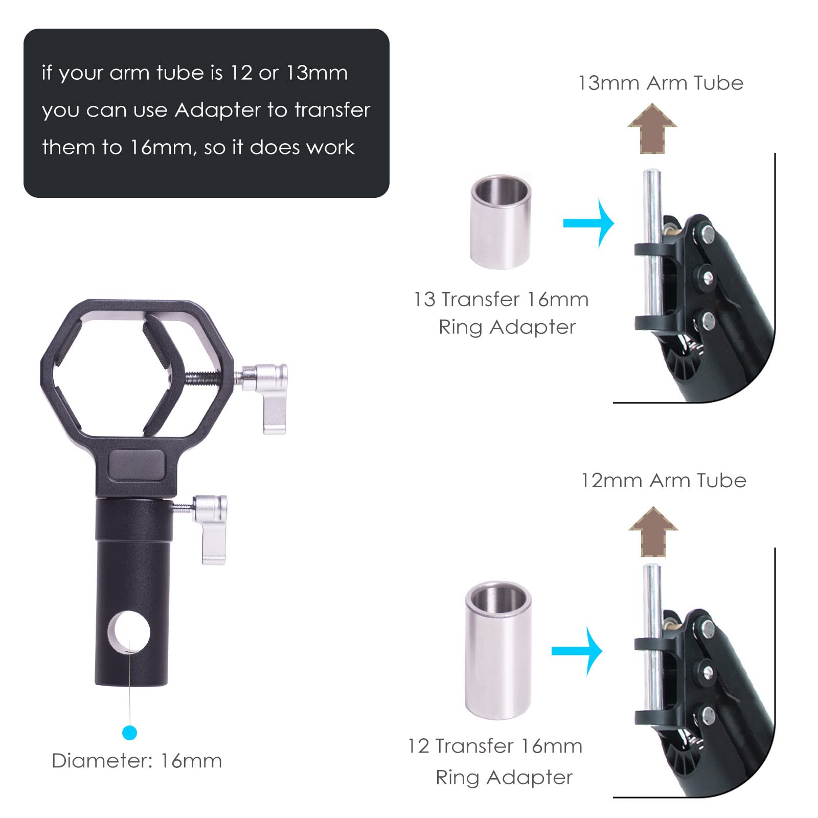 Difesuro Th02 Steadycam Axis Arm Adapter,Gimbal Vest Rotatable Converter For 12Mm 13Mm 16Mm Diameter Tube,Compatible With Dji Rs4 Pro/3/2/ Ronin S/Zhiyun Crane 3S/Float/Thanos Vest Series Etc