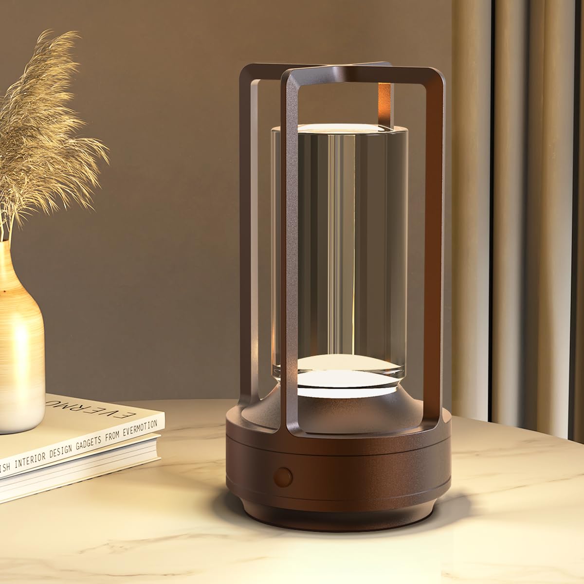 Hapfish Cordless Portable Table Lamp Rechargeable For Indoor/Outdoor, 3000Mah Small Battery Powered Operated Lights, 3 Color Modes Dimmable Waterproof, Led Desk Lamp For Restaurant/Bedroom/Camping (Brown)