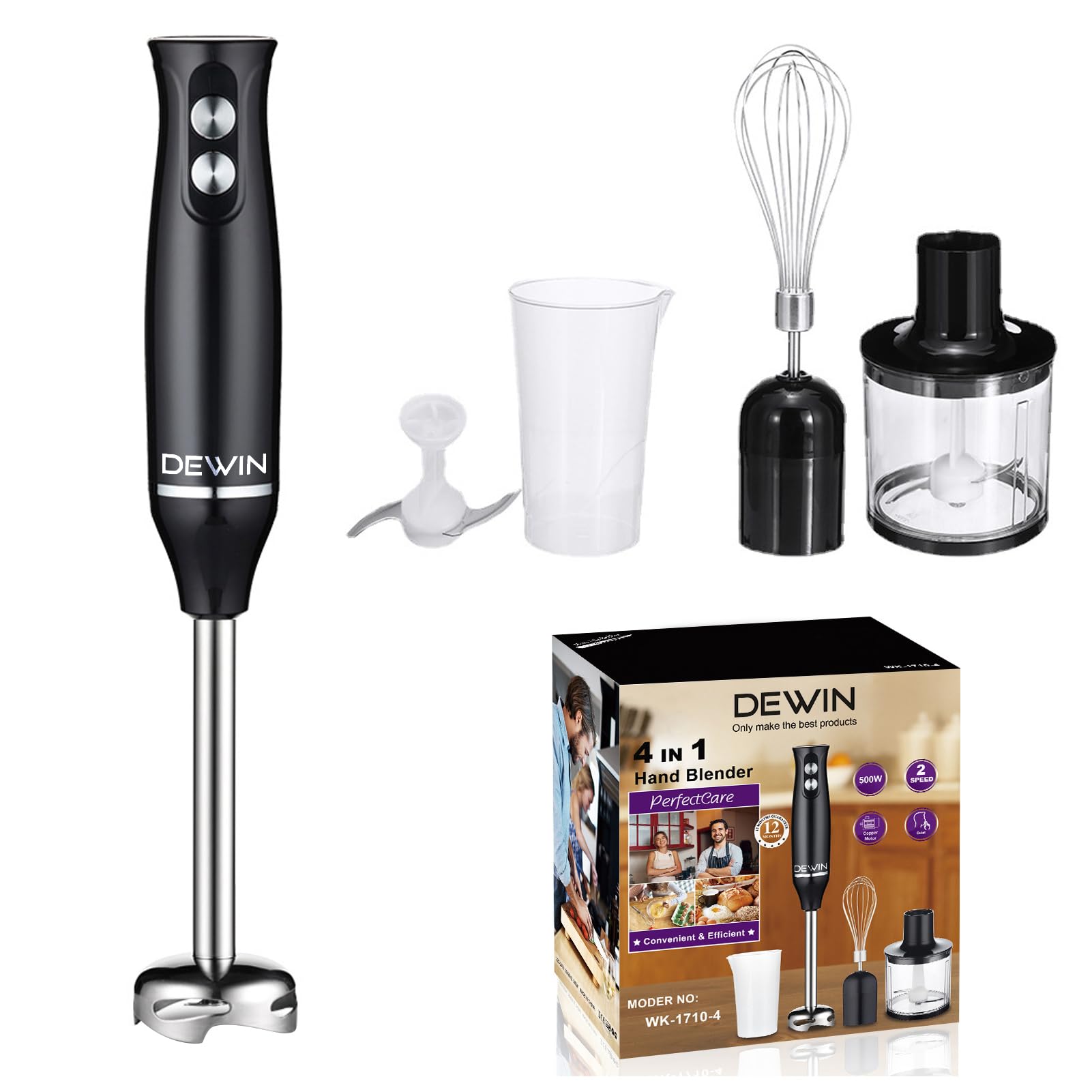 Dewin Immersion Blender, 500 Watt 4-In-1 Hand Blender With Chopper, Whisk, Mixing Beaker, Electric Stick Blender With Two Speed Adjustable, Ergonomic Handle