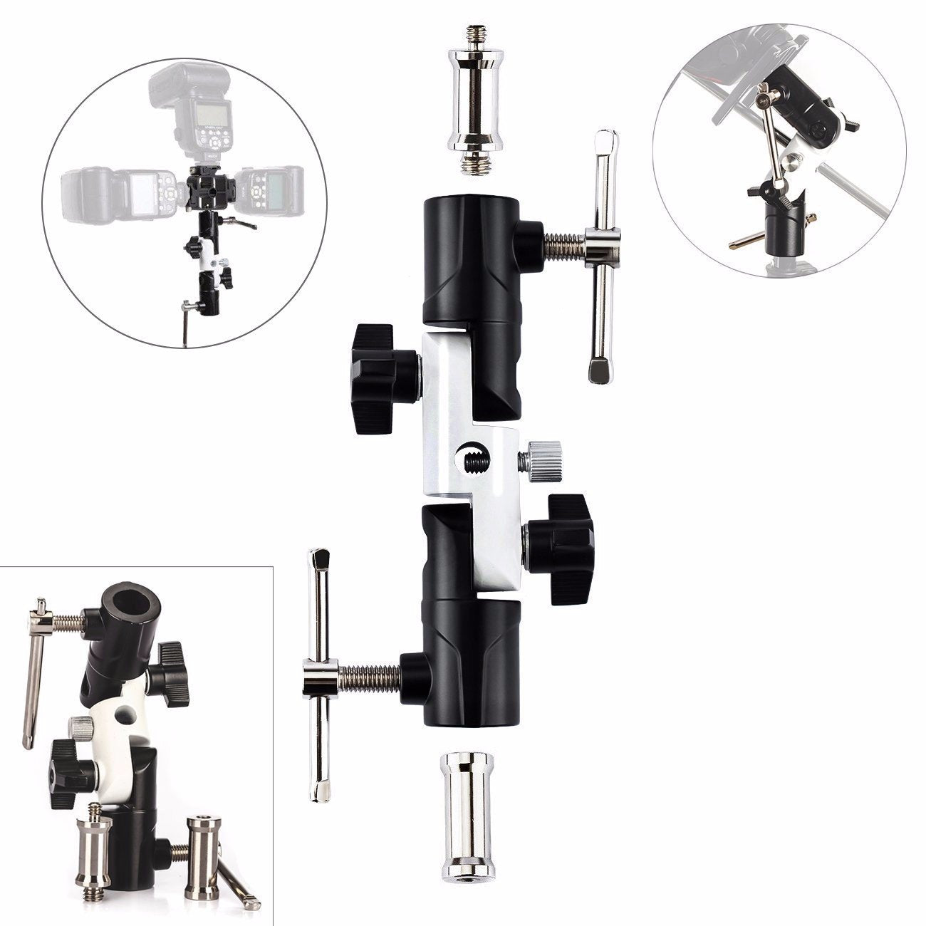 Exmax Full Aluminum Pro Flash Hot Cold Shoe With Triple (3) Flash Mount Head Umbrella Holder Adapter Mount With Swivel/Tilt Bracket 3 Section U Shape Studio Light Stand Speedlight