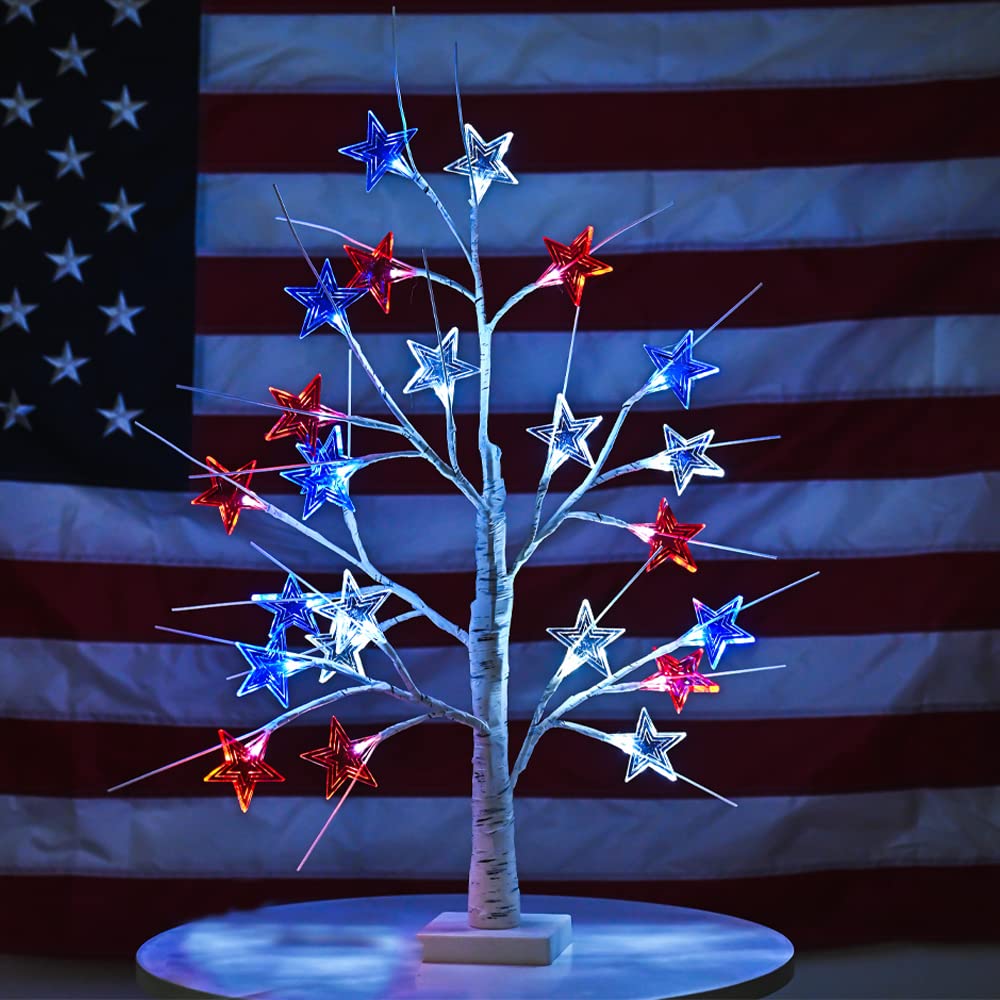 Snokip 4Th Of July Decorations, Birch Table Lamp Flag Star Tree Lights, 24”Independence Day Table Lamp For Home, Bedroom Room Office Decoration, 2 Pack, 24 Inch