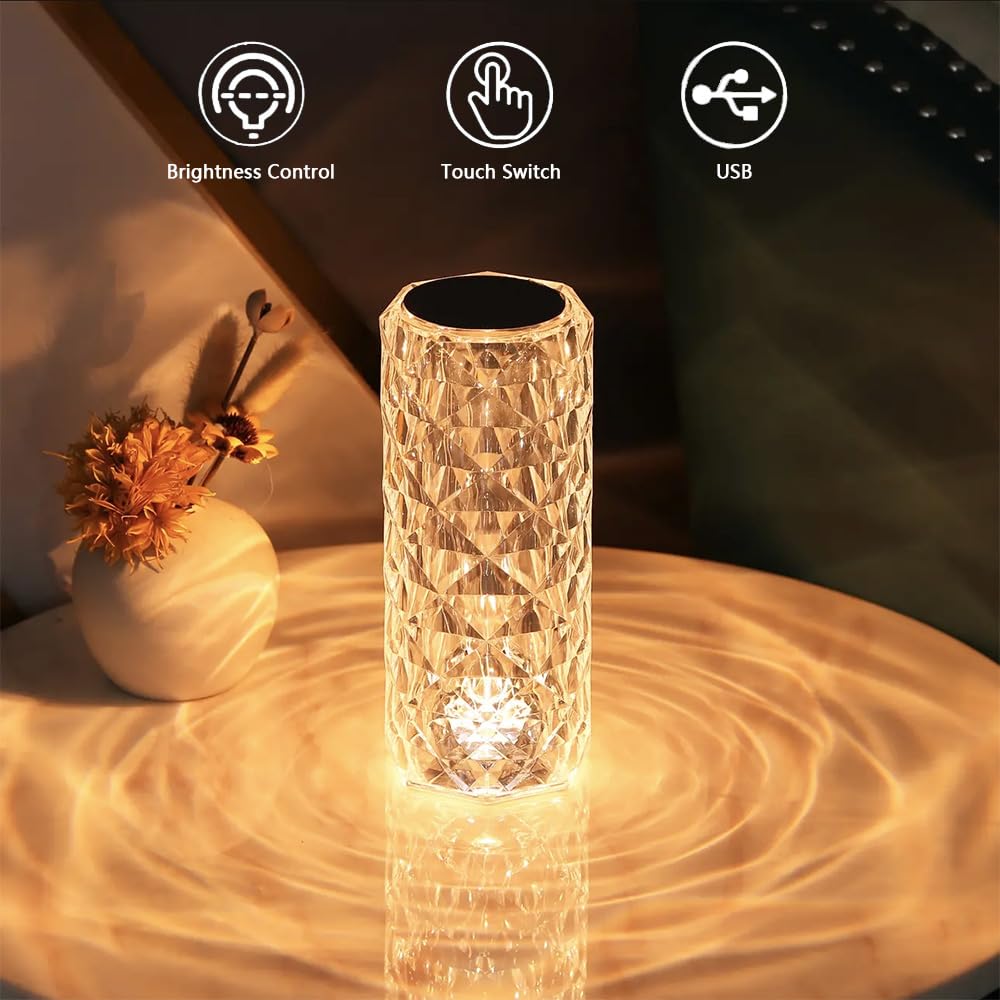 Leroxo Portable Crystal Table Lamp, 3-Color Touch Control Rechargeable Night Light, Bedside & Desk Lamp For Bedroom, Living Room, Kitchen & Dining Room (3-Color Rose)