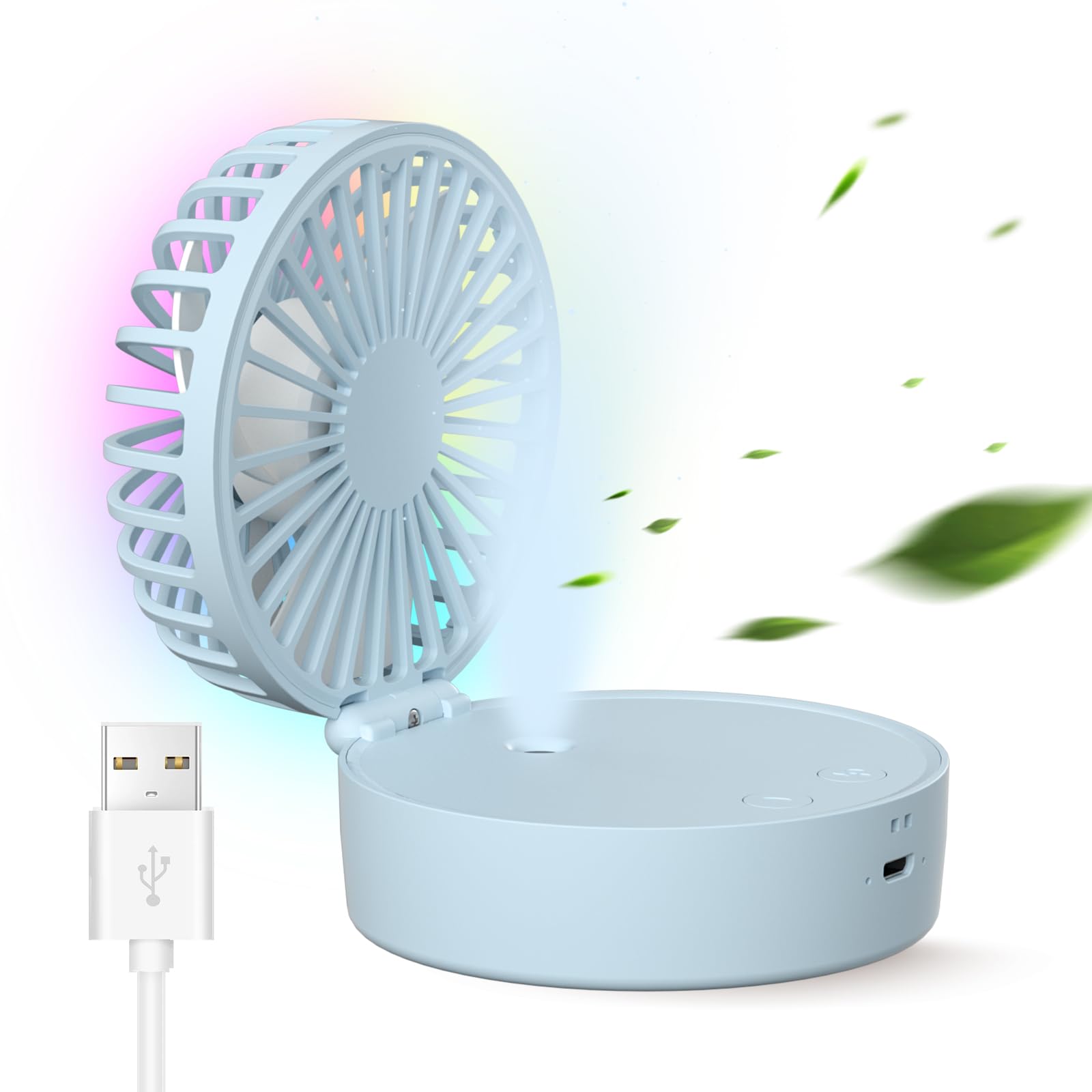 Mini Portable 3-In-1 Misting Fan With Colorful Led, Foldable, Quiet, Personal Fan For Women Men - Koospark