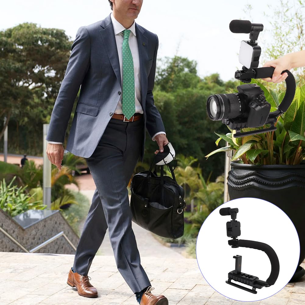 Tiiyee Handheld Camera Stabilizer Bracket,Portable U Shape Video Holder With Led Fill Light And Microphone For Interview Photography Portable Dv Bracket Studio Kit Cold Shoe Tripod Head All Cameras Home
