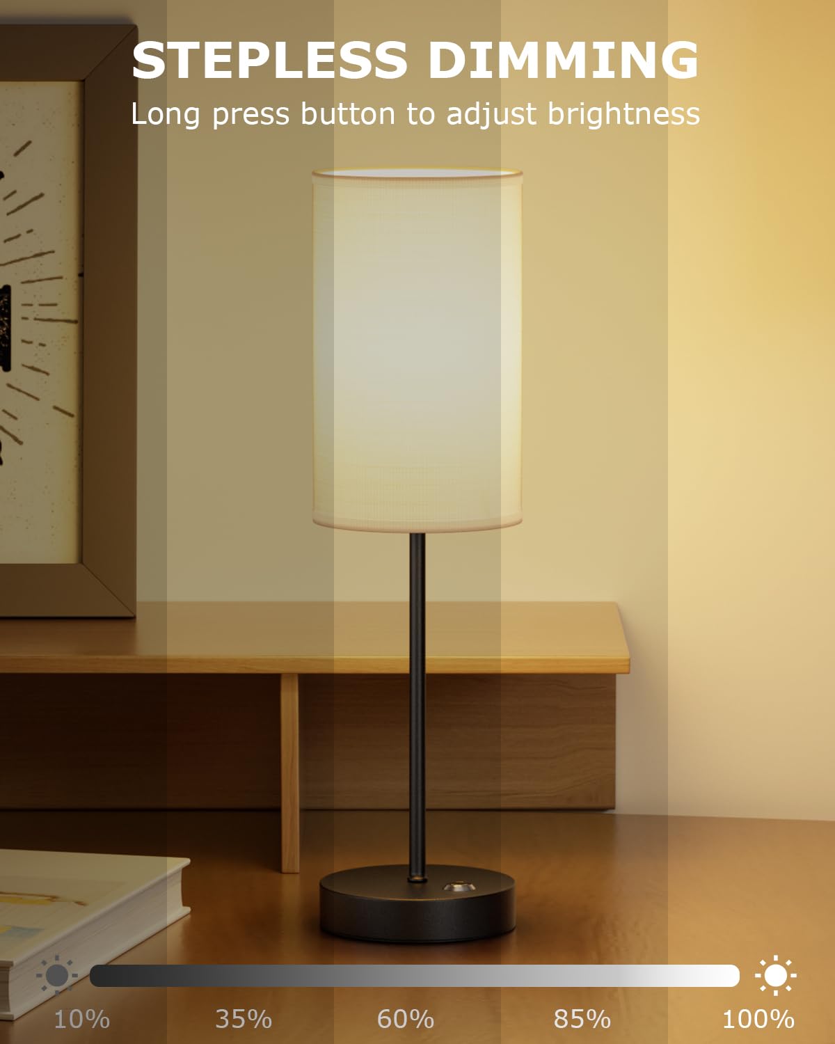 Lundwa 2-Pack Cordless Led Table Lamps 6000Mah Rechargeable Lamp Battery Operated Table Lamp Portable Desk Lamp With Fabric Shade, Stepless Dimming Bedside Night Lamp For Bedroom, Office, Restaurant (Black)