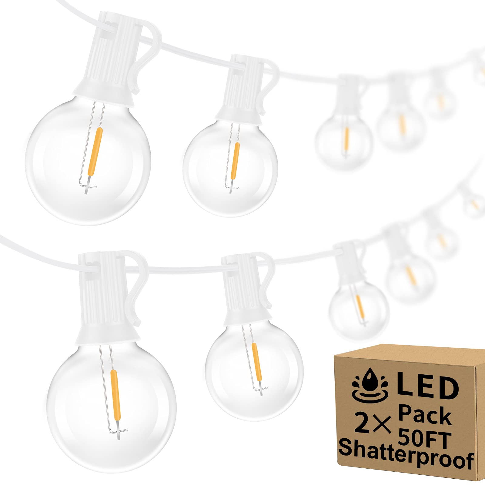 Bosceos 100Ft 2-Pack Outdoor G40 Led Globe String Lights Dimmable Shatterproof Waterproof Light Strings With 52 Bulbs Connectable Commercial Hanging Lights For Patio Balcony Backyard Party (White Wire)