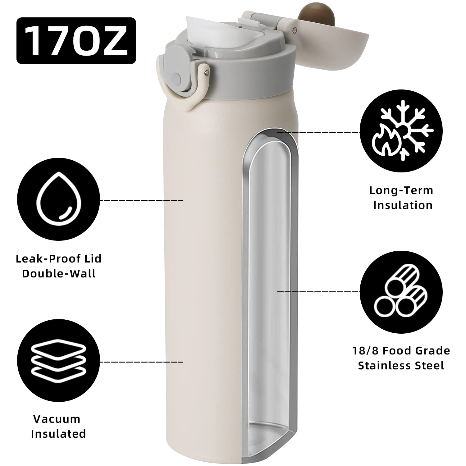 17Oz Insulated Water Bottle, Stainless Steel Sport Double Walled Coffee Thermoses, 500Ml