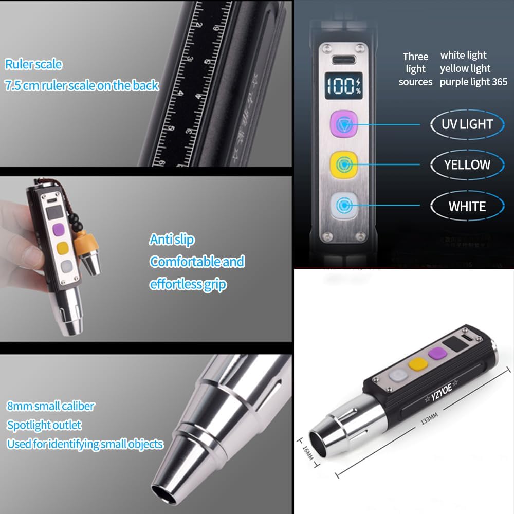 Yzyoe Led Three Switches Three Light Sources Jade Identification Flashlight,  Multifunctional Gemstone Mineral Detection Light, White Light, Yellow Light, And 365Nm Ultraviolet Query Mini Light.