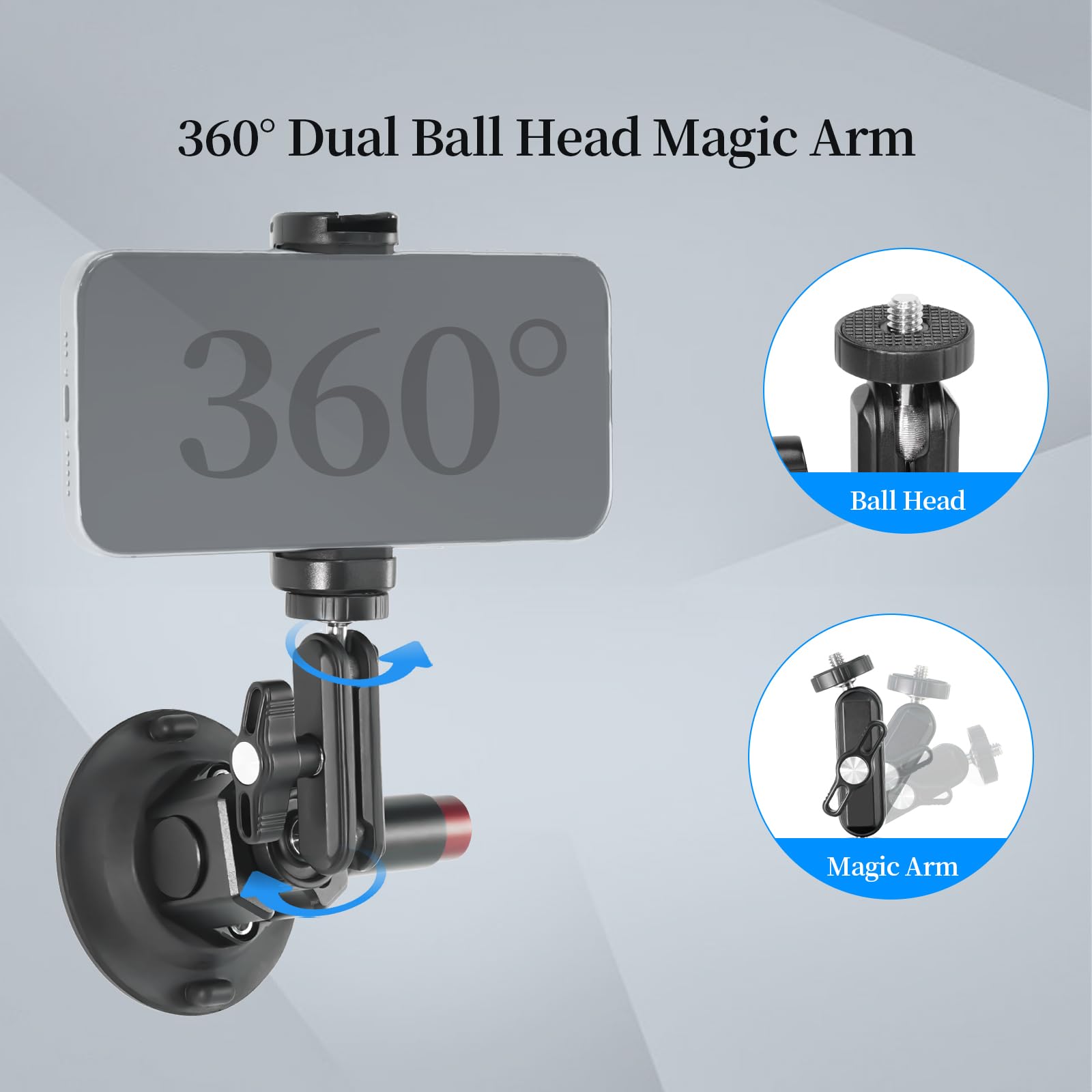 Fifield 3"/7.6Cm Camera Suction Cup Phone Mount With Ball Head Magic Arm, Quick Release Car Mount For Action Camera Phone Dji Insta360, Air Pump Vacuum Suction Cup, 1/4" &3/8" Arri Holes