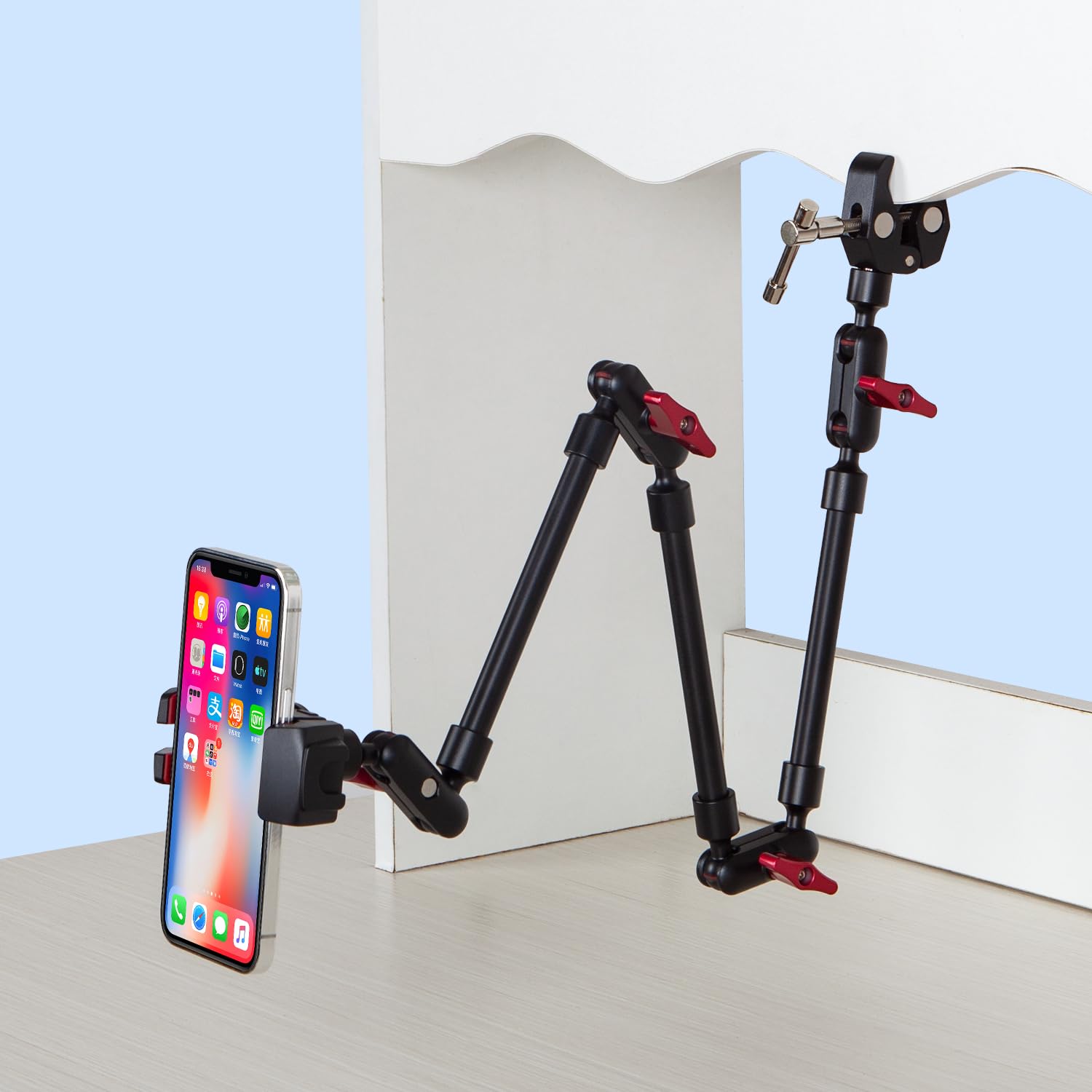 Goinwave Adjustable Articulating Magic Arm With Clamp And Phone Holder Clip For Desk Mount, Desk Stand, Cell Phone Tripod