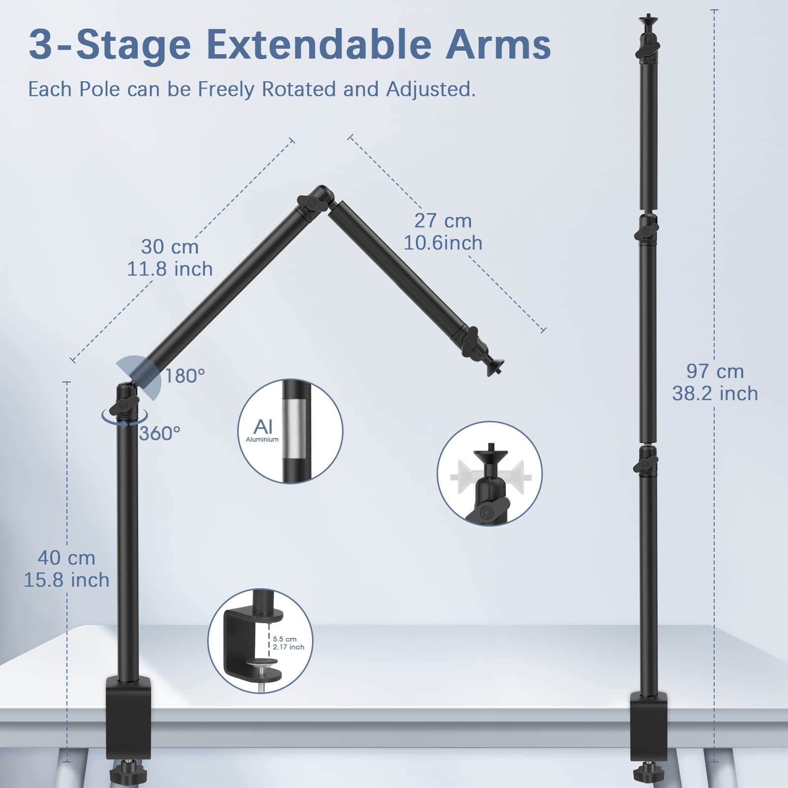 Tinpops Overhead Camera Desk Mount Stand, Webcam Stand Microphone Boom Arm Stand With 1/4“ 3/8" 5/8" Screw For Dslr Camera Photography/Videography/Live Streaming/Photo Shooting/Broadcast
