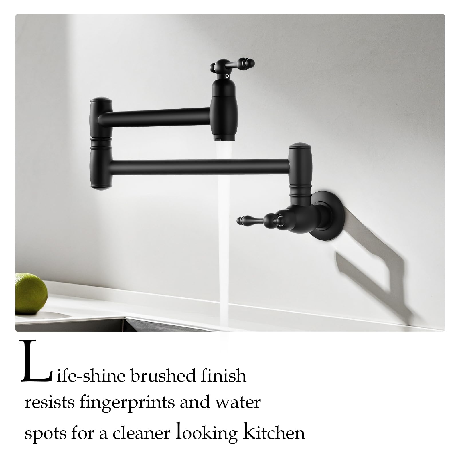 Mutvka Pot Filler Kitchen Faucet, 360° Swivel Spout, Commercial Wall Mount Stove Foldable Faucet, Durable Construction, Modern Design For Easy Installation Matte Black