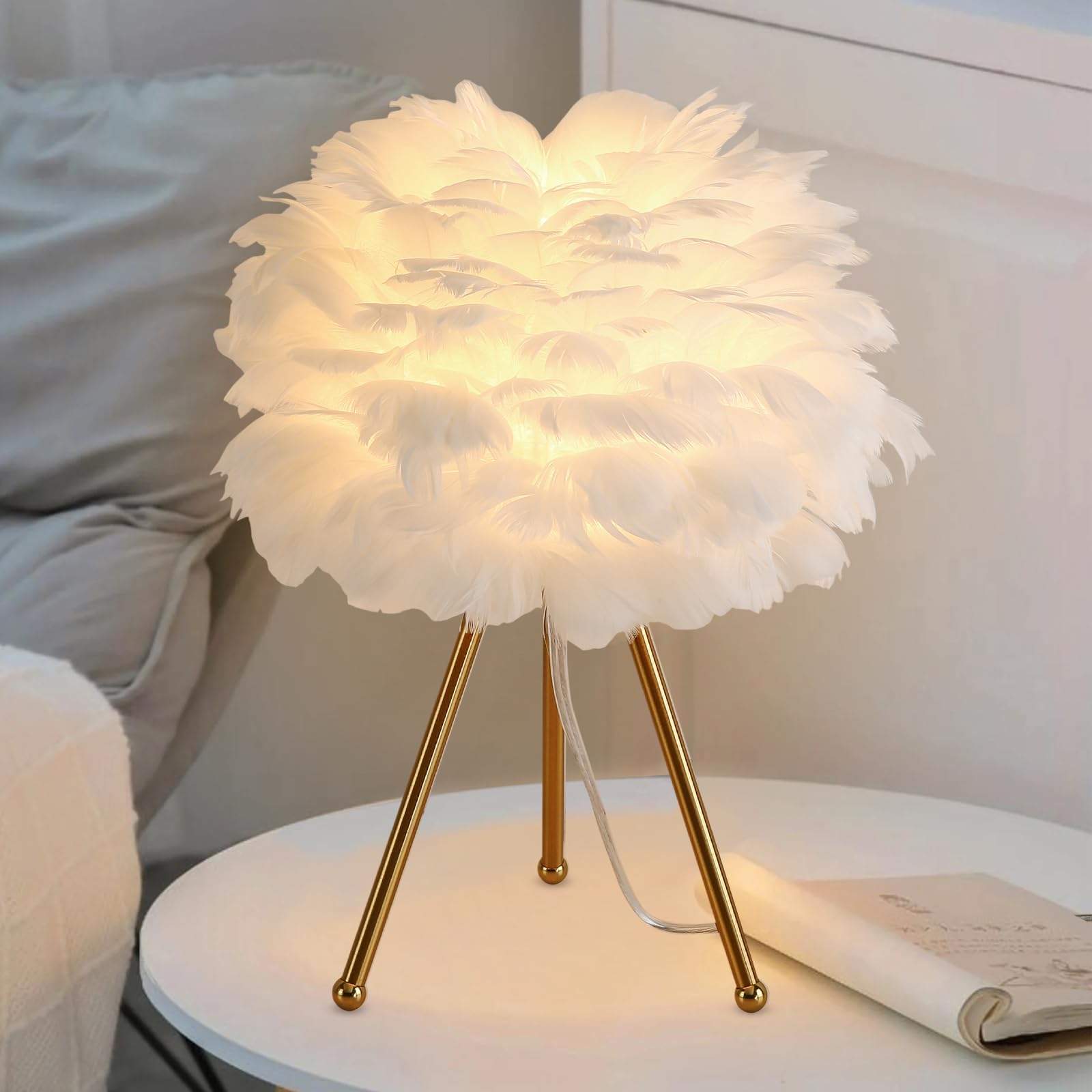 Capslpad Feather Tripod Table Lamp - 15.3" Modern White Bedside/Desk Lamp With Gold Finish For Living Room, Nursery, Kids, Bedroom, Girls Room Decor