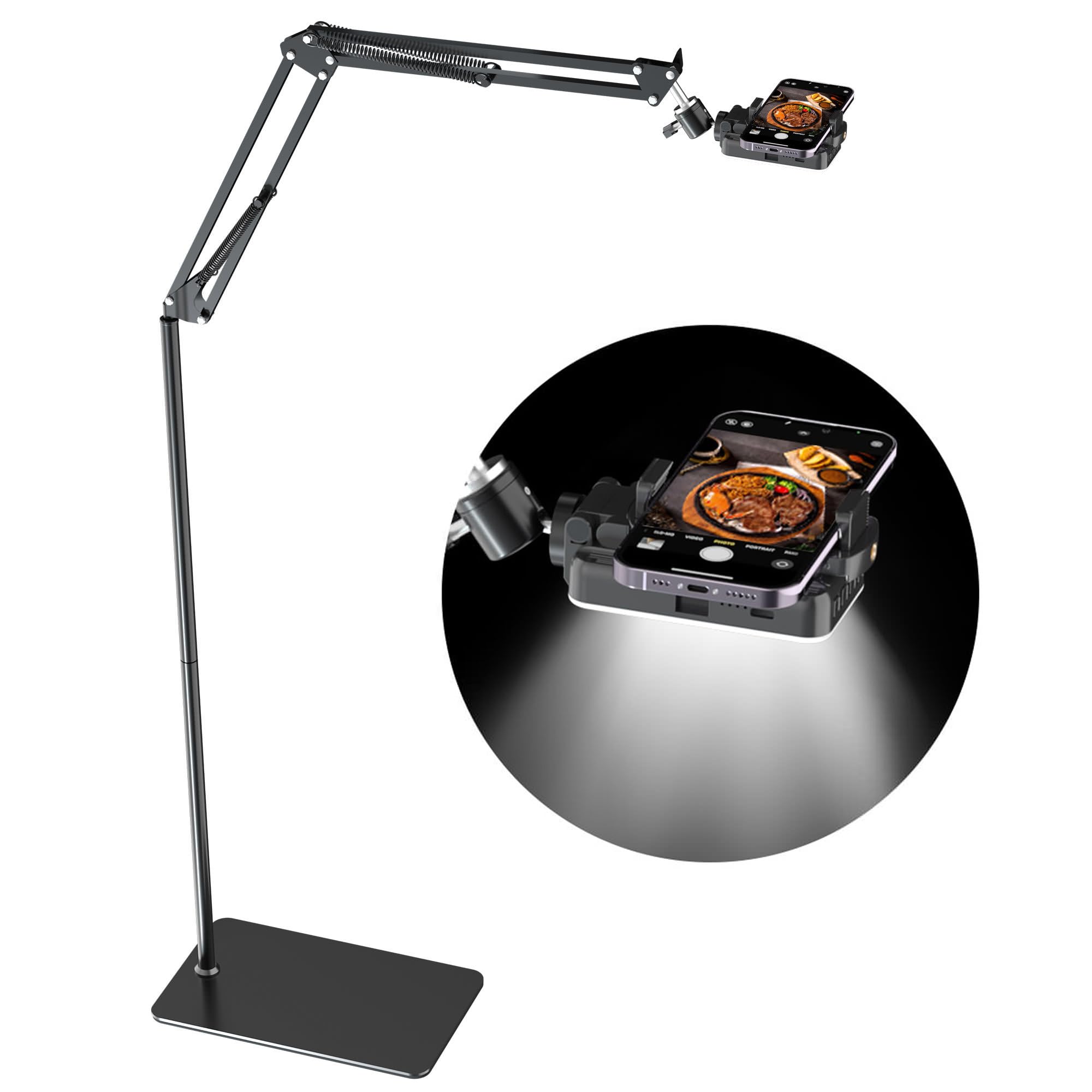 Mionondi Overhead Phone Tripod For Cooking Videos With Rechargeable Light, Move Around Floor Phone Stand With Ring Light Content Creator Video Recording Selfie Photography Tiktok Youtube Compatible With Iphone