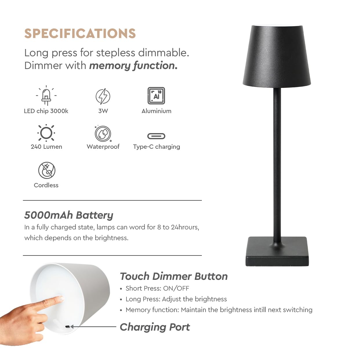 Vueeray Lighting Fixtures Ip54 Poldina Rechargeable Table Lamp,Cordless Waterproof Led Lamp,5200 Mah,Dimmable 3 Level,Indoor/Outdoor (White)