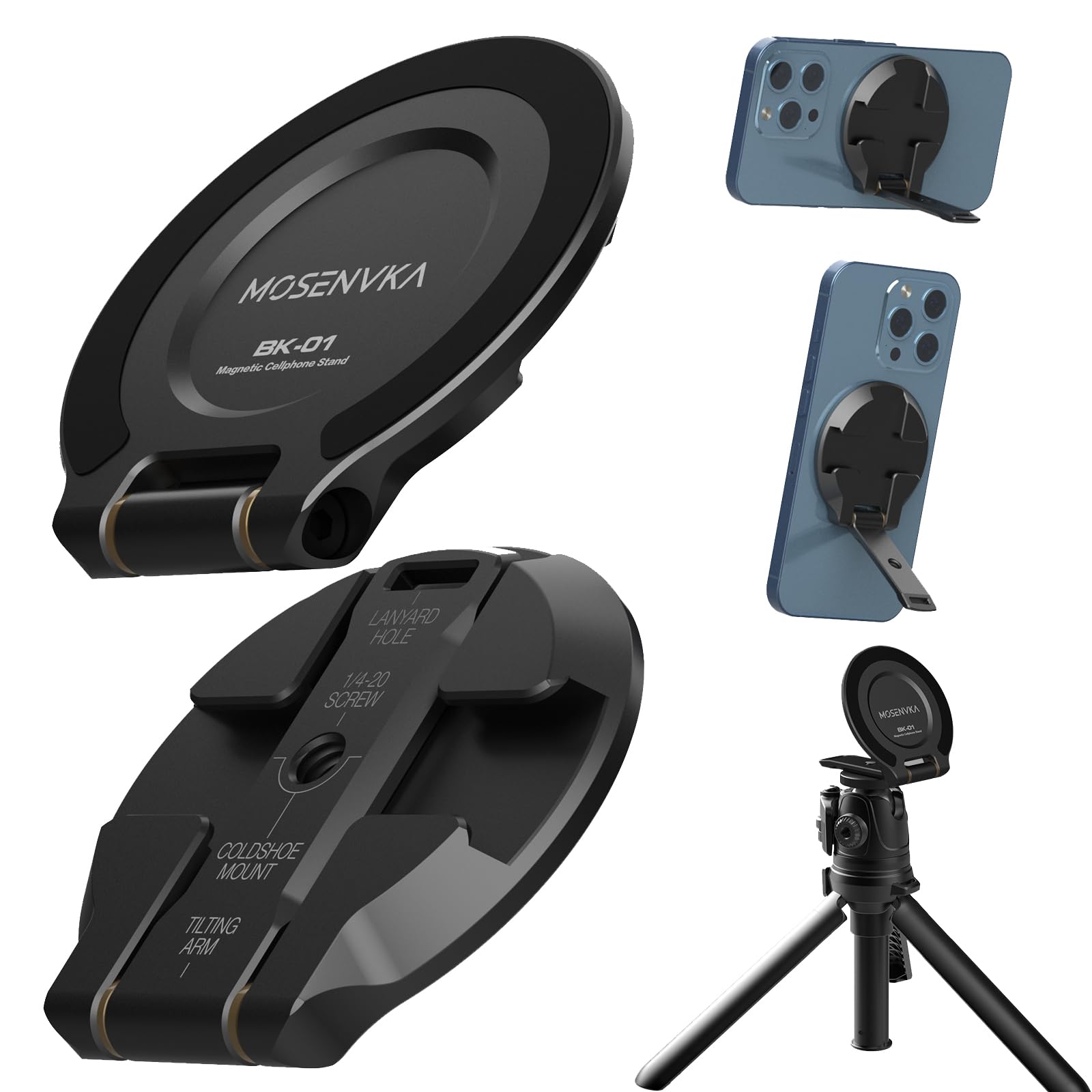 Mosenvka Magnetic Phone Tripod Mount Ultrathin Cell Phone Grip Stand For Iphone 16/15/14/13/12 Series,Foldable Ring Holder Rotatable Kickstand With 1/4" Screw&Cold Shoe For Tripod/Camera 1/4 Mount