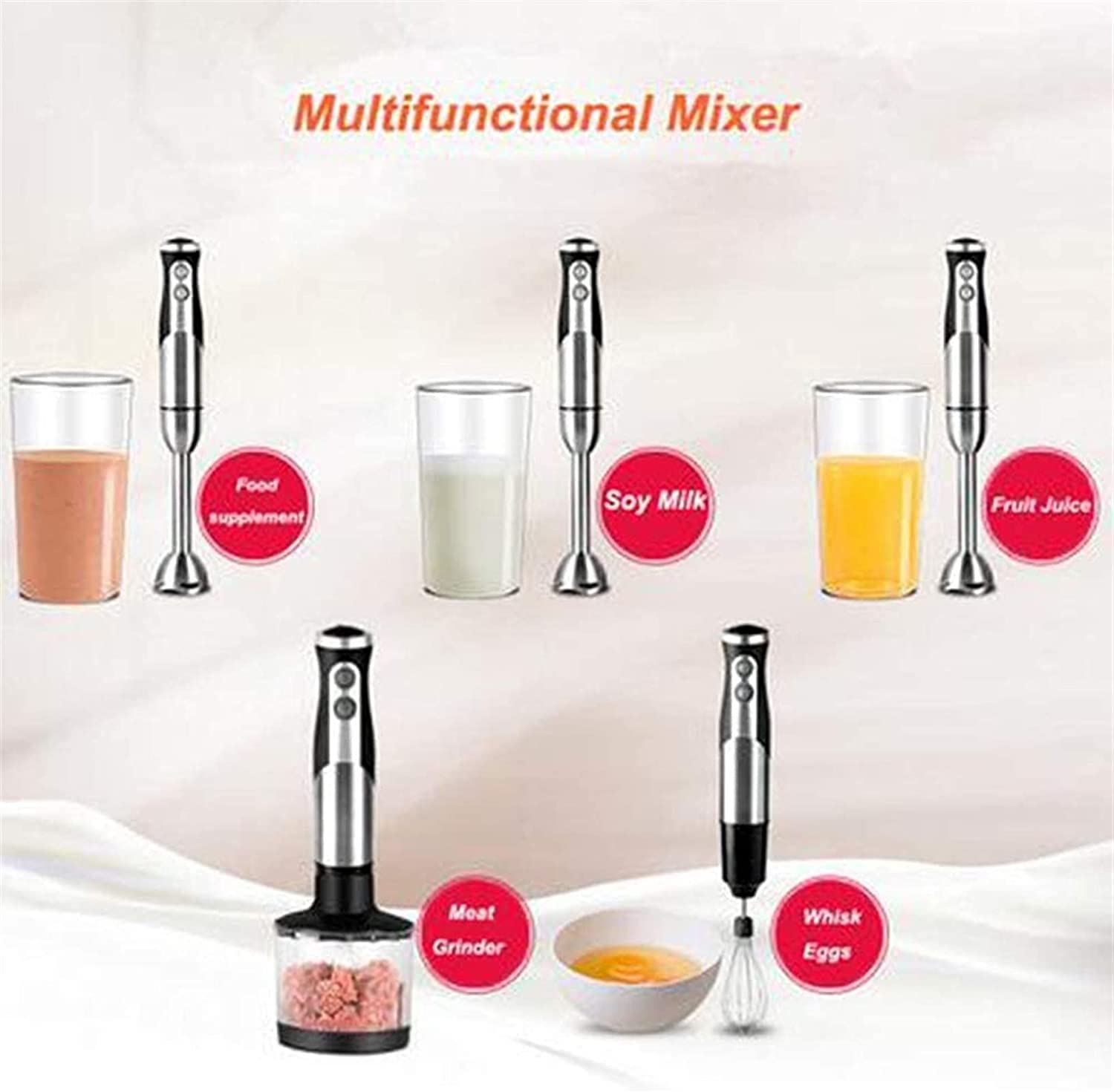 Kaabeto Multifunction 800 Watt Powerful Blender With Large 800Ml Mixing Beaker, 500Ml Food Grinder, Egg Whisk, Strong Stick Blender, Safe Stainless Steel Multi-Angle Blade, 4-In-1 Setting, Bpa-Fre