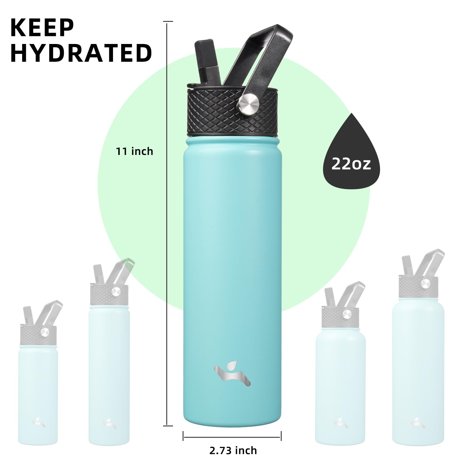22Oz Stainless Steel Bottles With 3 Lids Sport Insulated Water Bottle,Turquoise