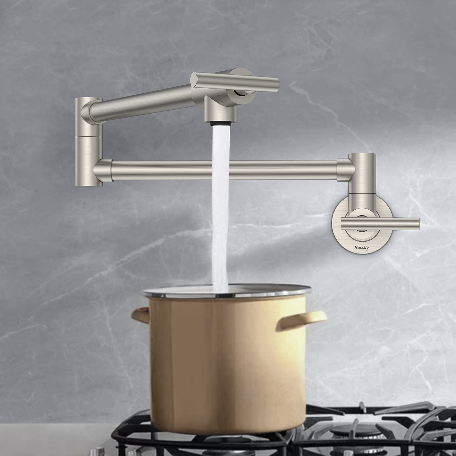Hosslly Pot Filler Faucet, Wall Mount Lead- Brass Pot Filler Kitchen Faucet With Cupc , Folding Stretchable Kitchen Faucet With Double Joint Swing Arms, Single Hole - Brushed Nickel