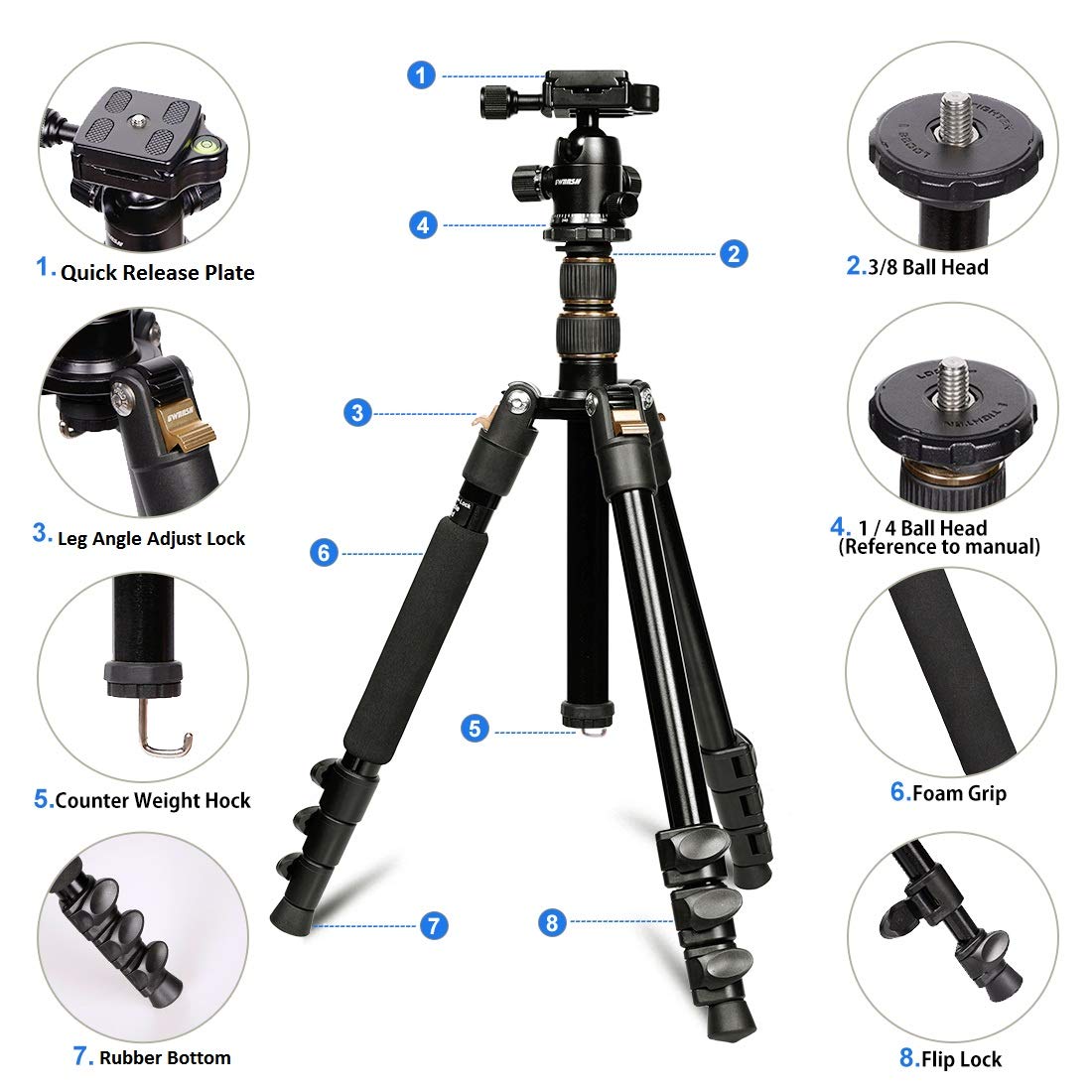 Gwnnsh Camera Lightweight Travel Tripod, 58” Detachable Monopod, Aluminum Ball Head Stand 3 X Control Knobs With Calibration, Dslr Qr Plate, Level Indicator, Flip Lock Design. Dare To Compare