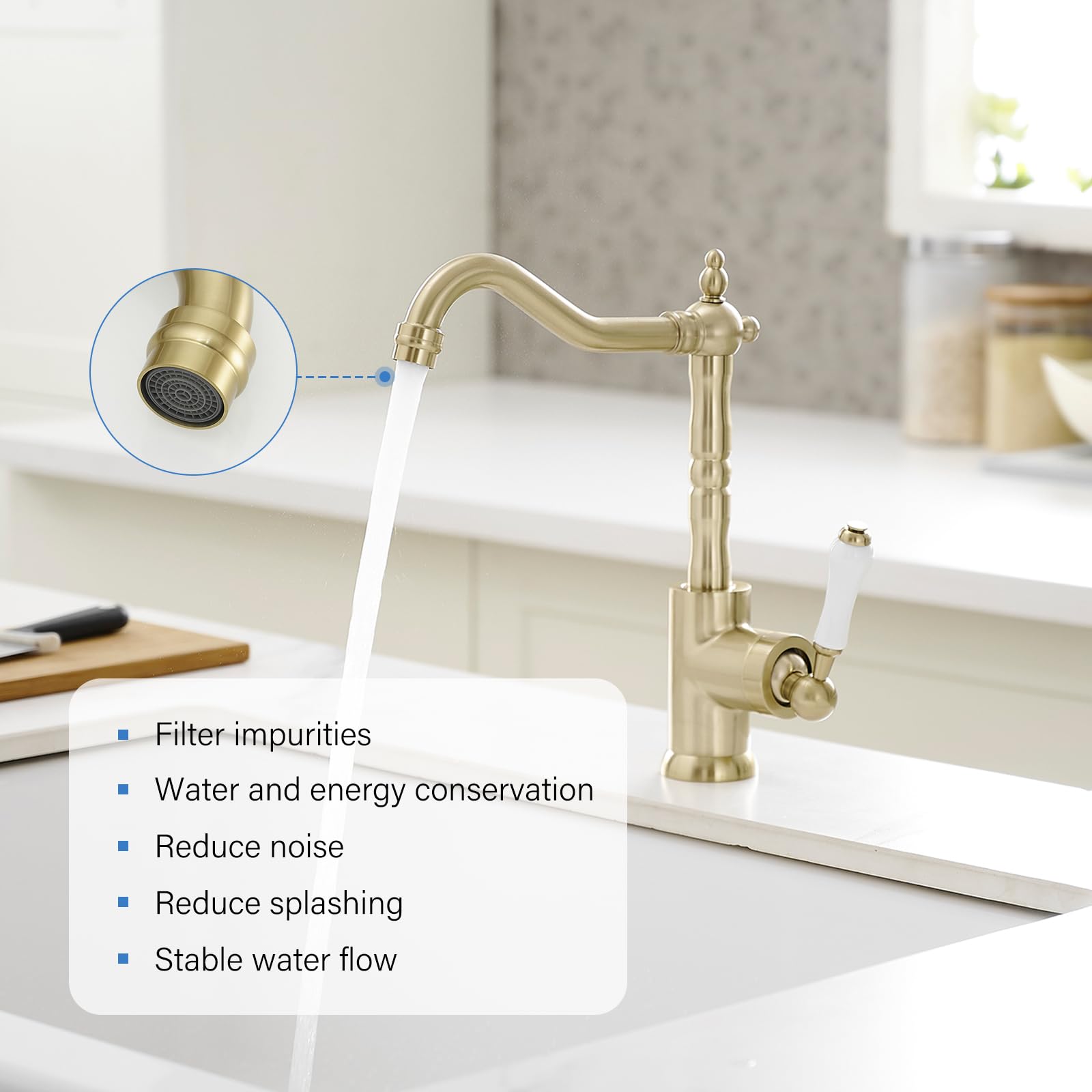 Bwe Brushed Gold Kitchen Sink Faucet Single Handle Bar Faucet For Kitchen Sink With 360° Swivel Spout High Arc Single Hole Wet Bar Faucet Mixer Tap Farmhouse