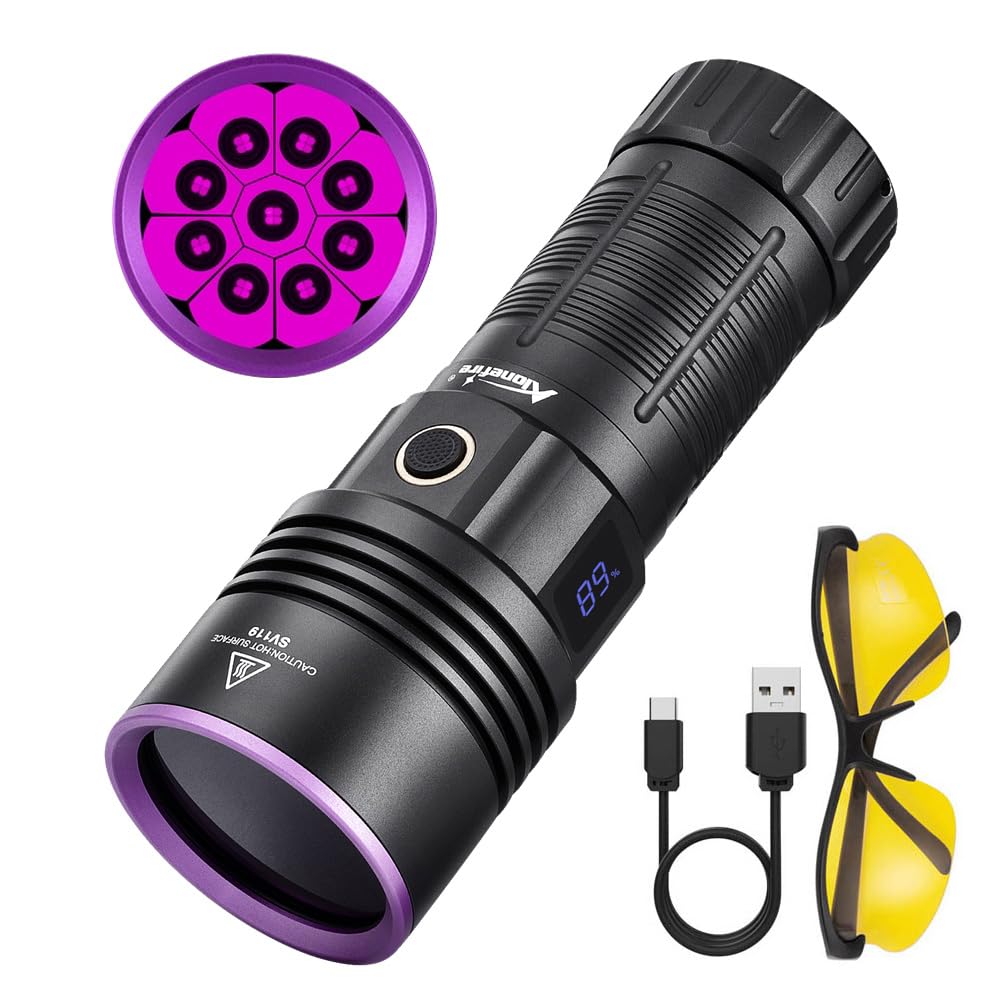 Alonefire Sv119 365Nm Uv Flashlight 90W Powerful Blacklight Digital Display Usb C Rechargeable Black Light For Pet Urine Detector, Scorpion, Resin, Bed Bug, Fishing With Uv Protective Glasses, Battery