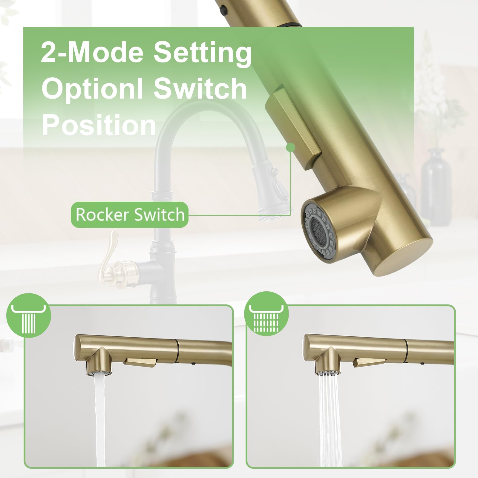 Bathlavish Gold Kitchen Faucet With Pull Down Sprayer 3 Outlet Mode Modern Single Hole Single Handle Commercial Matt 360°Swivel Spout Stainless Steel Utility Laundry Mixer Tap