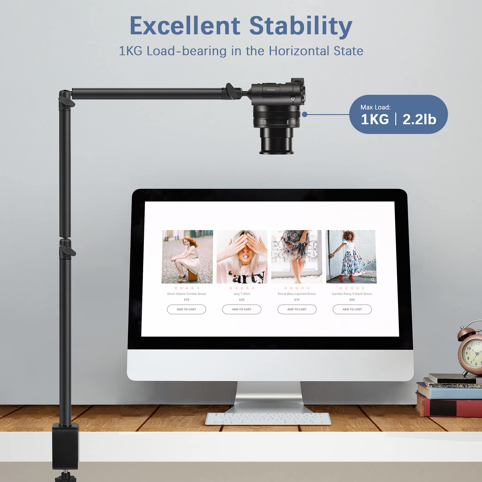 Tinpops Overhead Camera Desk Mount Stand, Webcam Stand Microphone Boom Arm Stand With 1/4“ 3/8" 5/8" Screw For Dslr Camera Photography/Videography/Live Streaming/Photo Shooting/Broadcast