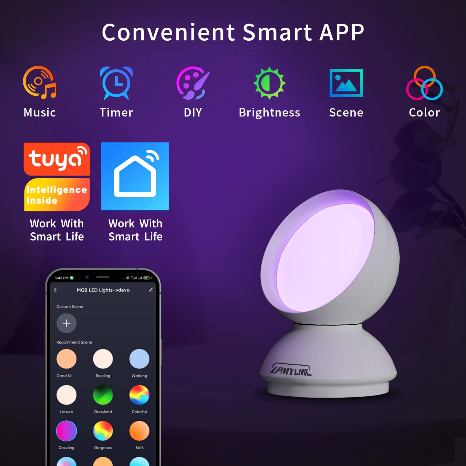 Lpmylmc Smart Night Light Table Lamp With Rgbww, Portable Voice Control Led Dimmable Bluetooth Table Lamp, Compatible With Alexa & Google Assistant For Bedroom, Living Room, Gaming, Decoration
