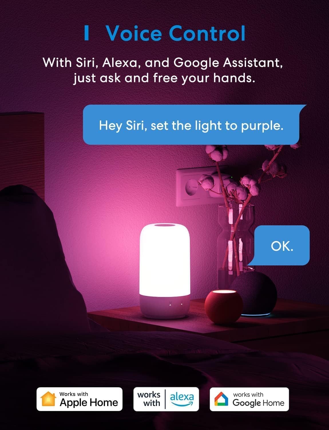 Meross Smart Table Lamp For Bedroom, Smart Lamp Works With Homekit And Alexa, Wifi Led Nightstand Lamp With Tunable White & Dimmable Rgbw, Schedule And Timer, Voice App Touch Control