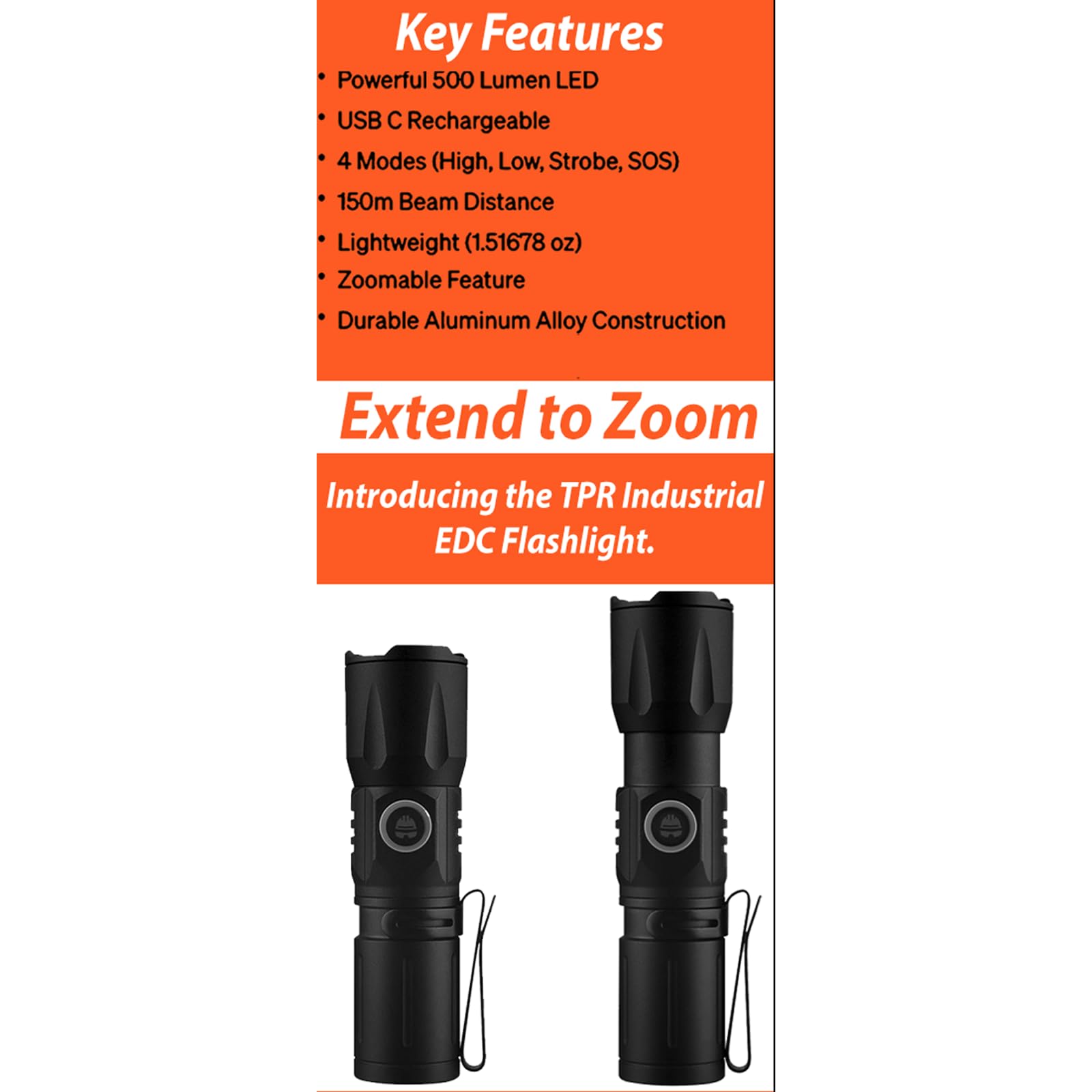 Tpr Industrial Edc Flashlight - Usb C Rechargeable, 500 Lumens, Hard Hat, And Safety Helmet Compatible, Black