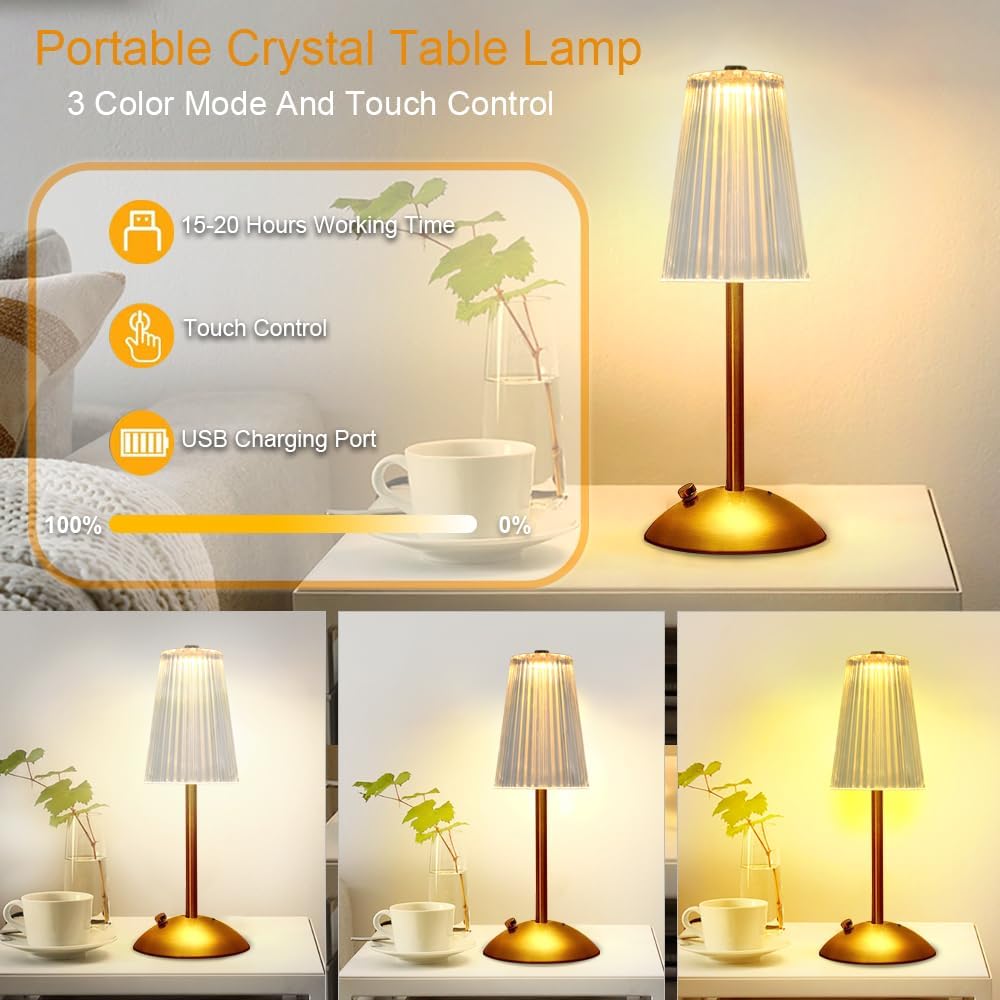 Hpufkot Portable Crystal Metal Desk Lamp,3-Color Touch Control, Rechargeable Battery - Ideal Bedside Lamp For Bedroom Nightstand (Golden)
