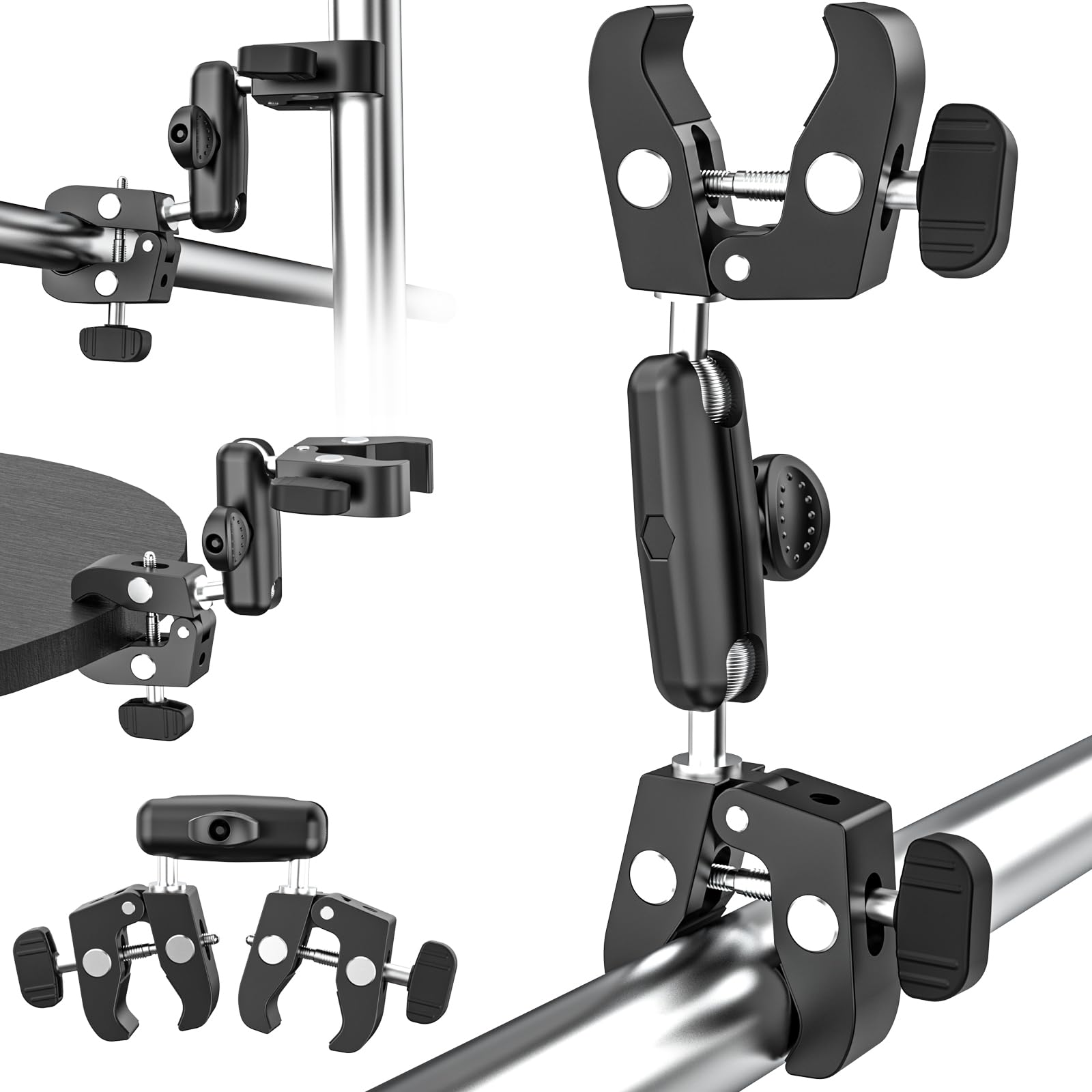 Dosvsi Double Super Clamp Camera Mount, [With 1/4" Screw Holes] Metal Adjustable Dual-Heads Clip With Magic Arm, Heavy Duty Pole Clamp Holder For Photography/Light Stand/Tripod/Studio/Selfie Stick