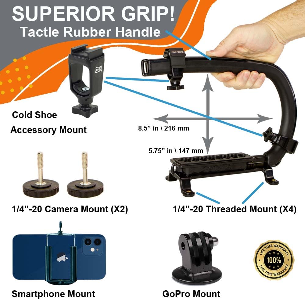 Cam Caddie Scorpion Ex Video Action Stabilizing Rig Handle Grip Handheld Stabilizer With Hot-Shoe Mount For Canon Nikon Sony Panasonic Dslr & Mirrorless Camera Camcorder (Single Cold Shoe)