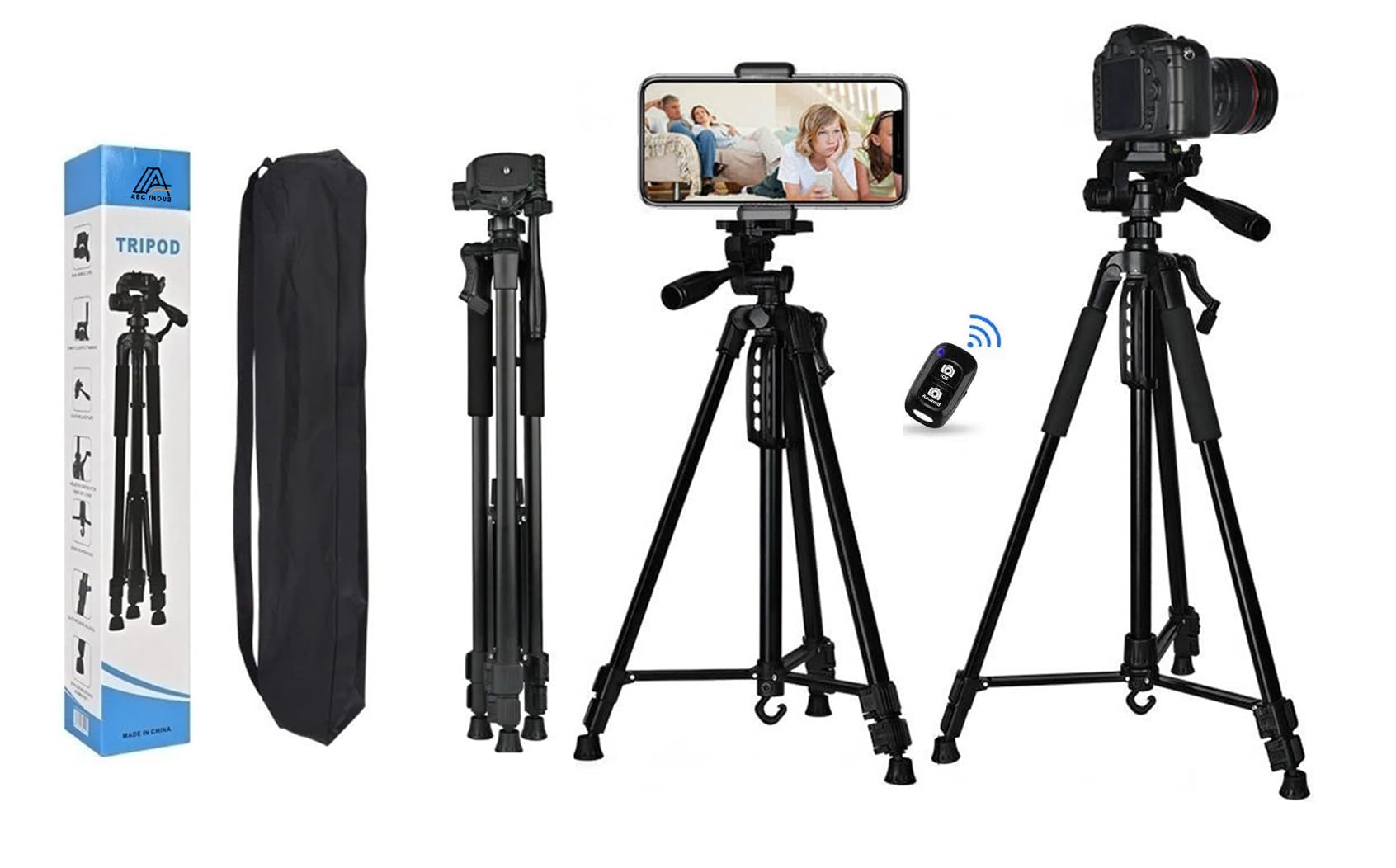 Abc Indus 66" Tripod For Cell Phone & Camera - Extendable Tripod Stand With Wireless Remote And Phone Holder For Video Recording- Portable Tripod With Bag For Travel And Photography