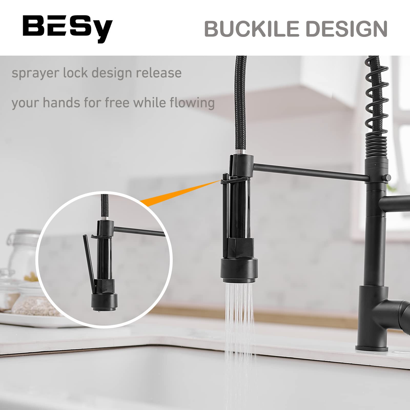 Besy 20 Inch Black Kitchen Faucet With Pull Down Sprayer, Dual Morden Commercial Rv Single Handle Single Hole Double Spout Led Spring Kitchen Sink Faucet With Pot Filler, Matte Black, Brass