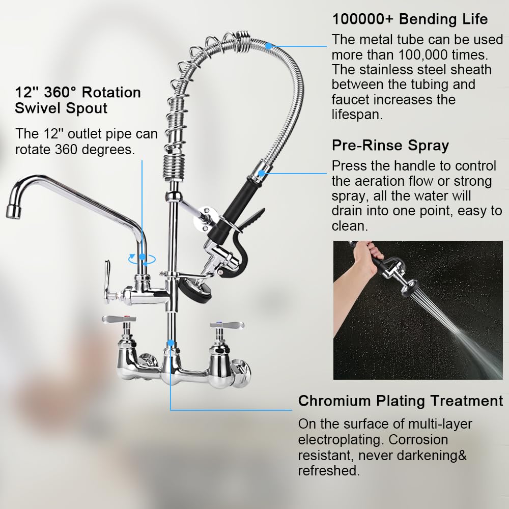 Tceumik Commercial Kitchen Faucet With Sprayer Wall Mount 25'' Height 8 Inch Adjustable Center Industrial & Restaurant Sink Faucet With 12" Swivel Spout Pre-Rinse Faucet For 1 2 3 Compartment Sink