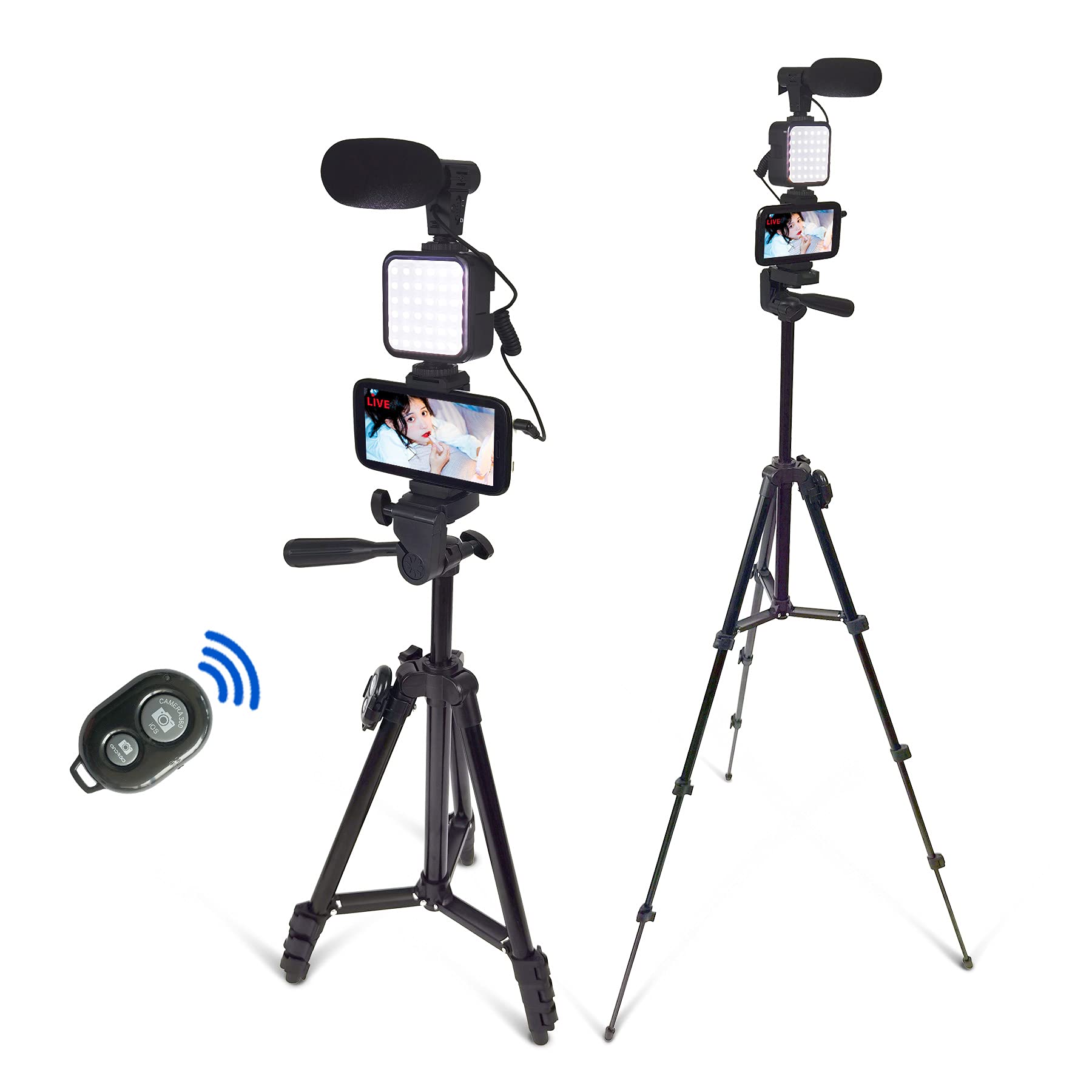 Docleen Smartphone Video Kit, Vlogging Kit, Youtuber Kit, With Microphone Light Tripod 50" Extendable Phone Clip Remote Control Compatible With Iphone/Smartphone/Cameras
