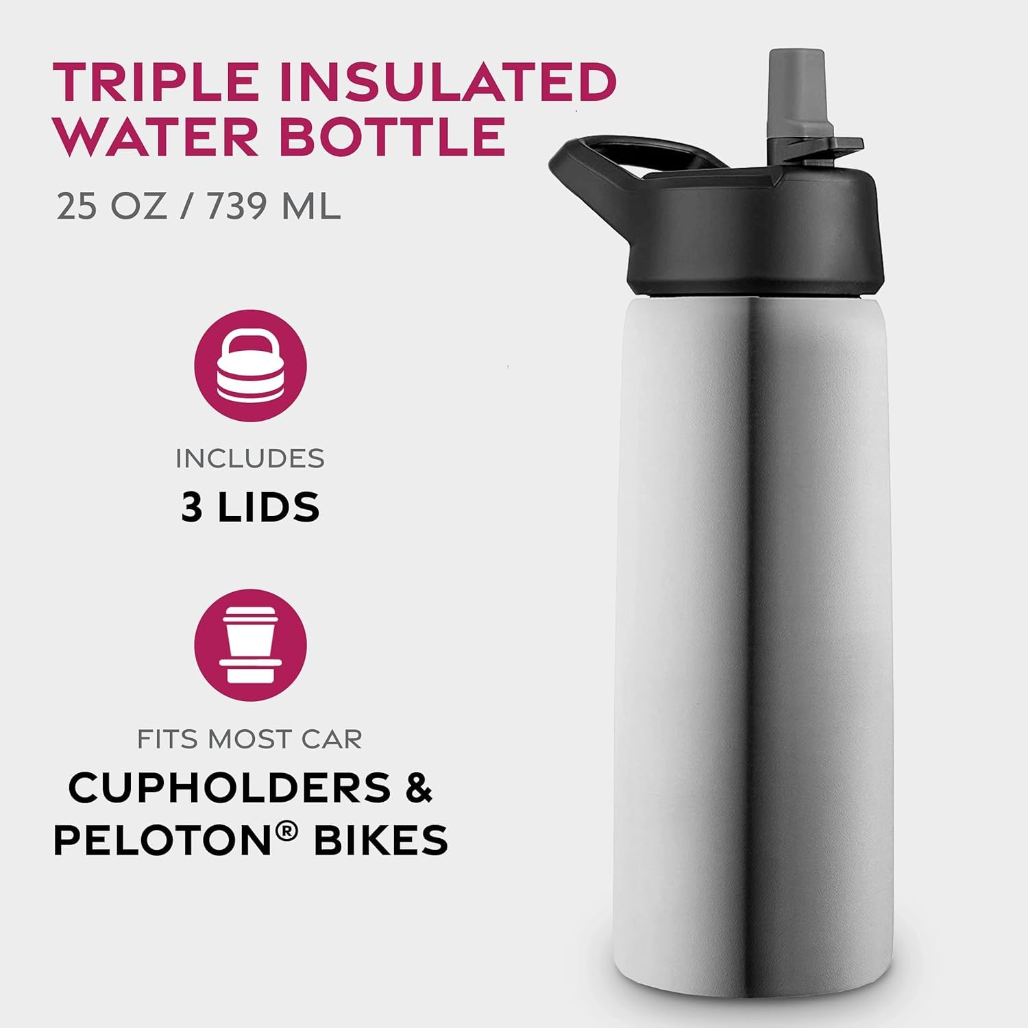 Triple-Insulated Stainless Steel Water Bottles With Straw, 25 Oz Reusable Insulated Water Bottles