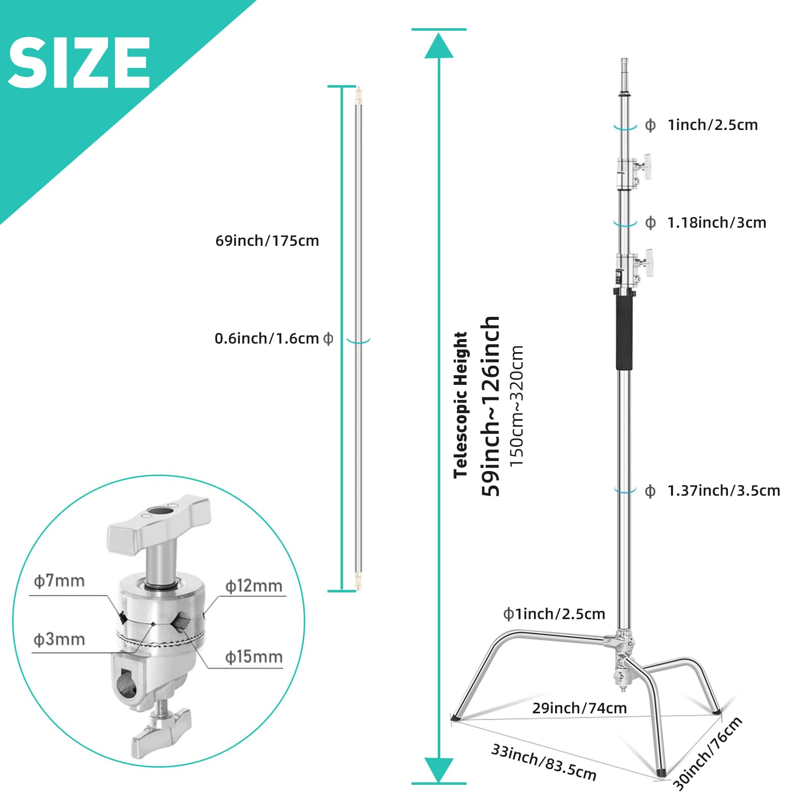 Lapgood 100% Stainless Steel Heavy Duty C Stand With Boom Arm - Max Height 10.8Ft/330Cm Photography Light Stand With 4.2Ft/127Cm Holding Arm, 2 Grip Head For Studio Monolight, Softbox, Reflector