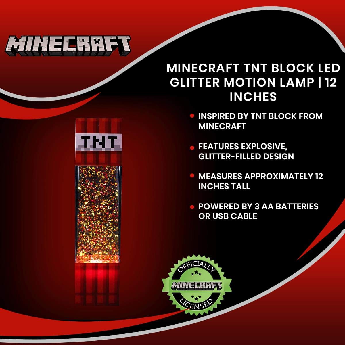 Ukonic Minecraft Tnt Block Glitter Motion Lamp | Led Light, Bedside Table Lamp For Desk | Video Game-Themed Room Essentials | Home Decor Accessory | 12 Inches Tall