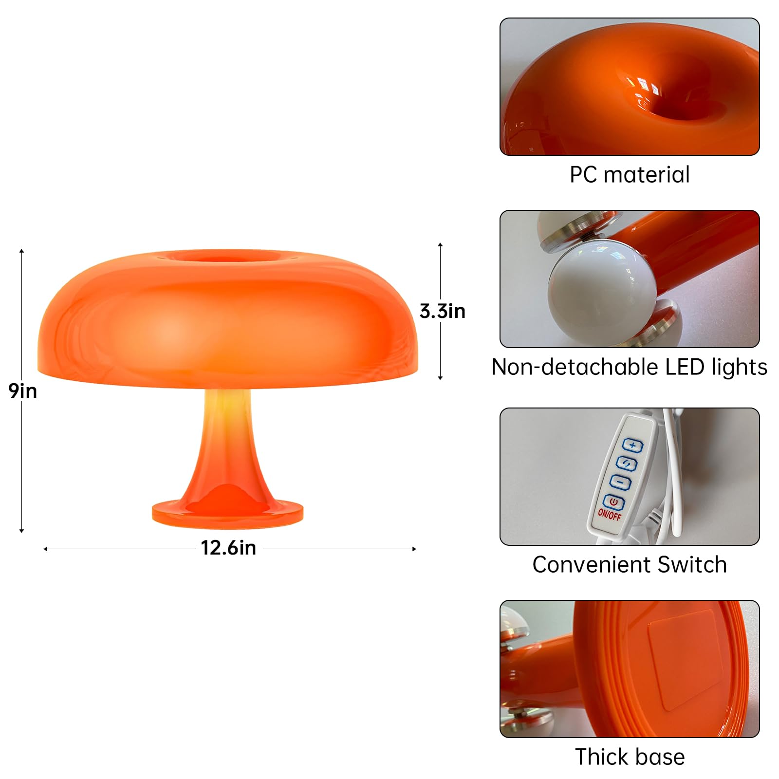 Qiandenghui Mushroom Table Lamp, Dimmable Table Lamp For Bedroom, Orange Acrylic 12W Adjustable Light Color Temperature Lighting Home Decor Night Light For Bedside