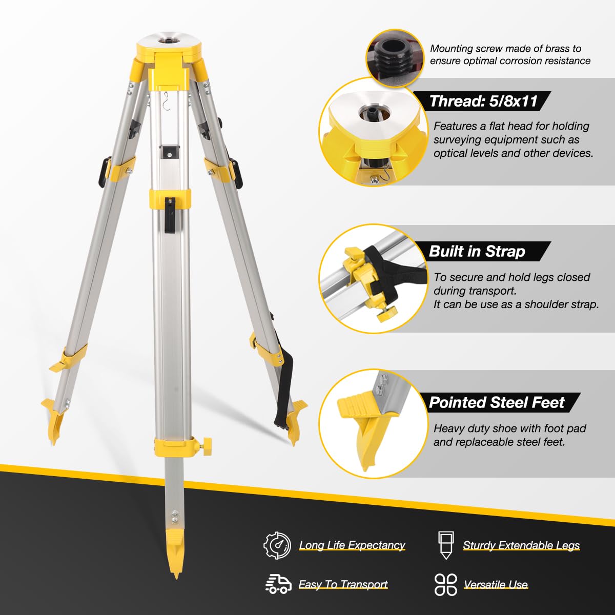 Mountlaser Lightweight Aluminum Surveying Tripod 62.2" With 5/8-Inch 11-Threaded Flat Head And Dual Lock，9 Ft Dual Sided Telescopic Aluminum Grade Rod For Precise Construction Measurement,Land Surveying
