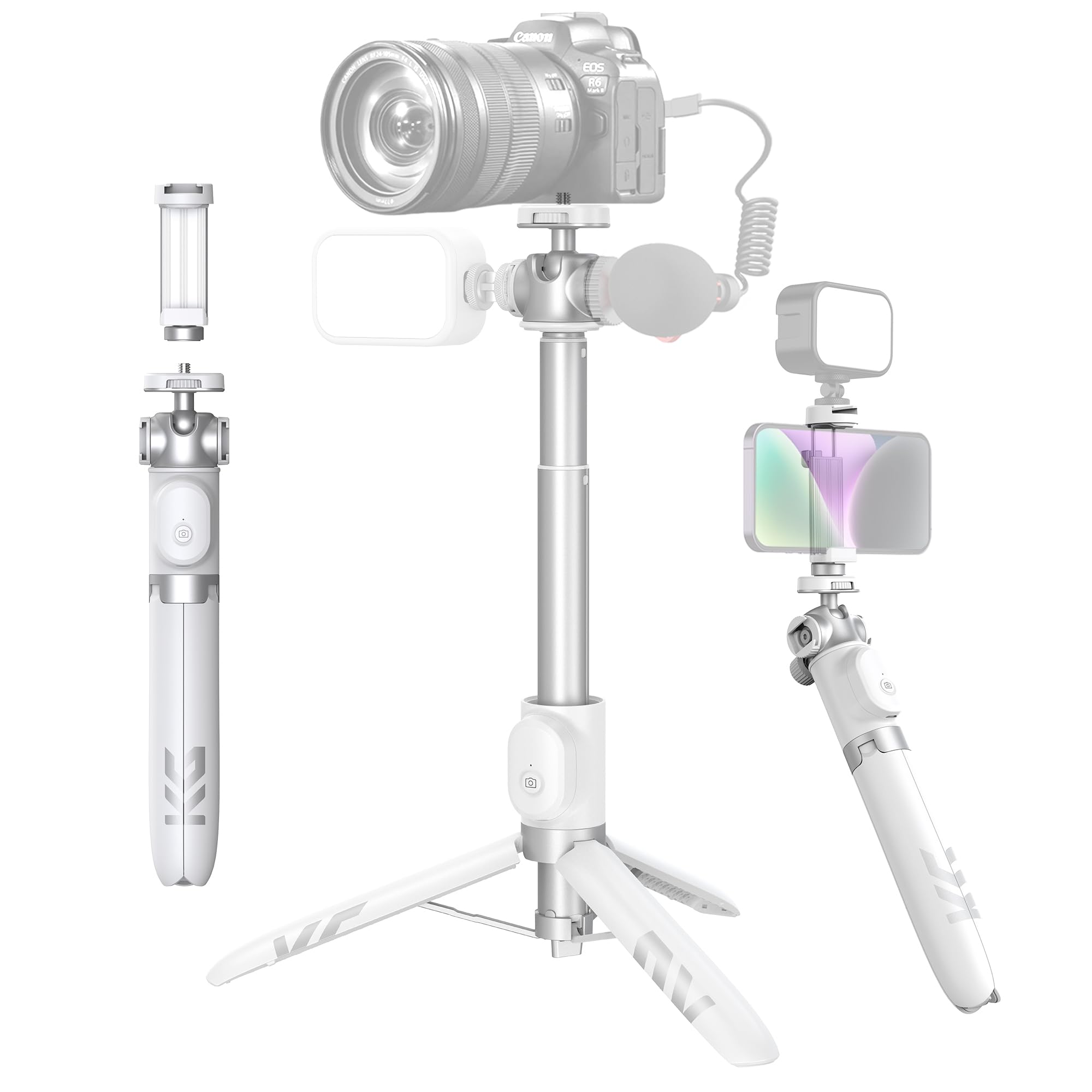 Kraftgeek Vlogging Tripod For Phone And Camera, 48" Phone Tripod Stand With 3 Cold Shoes For Lights And Microphones (Both Are Not Included), Selfie Stick With Remote For Video Recording, White